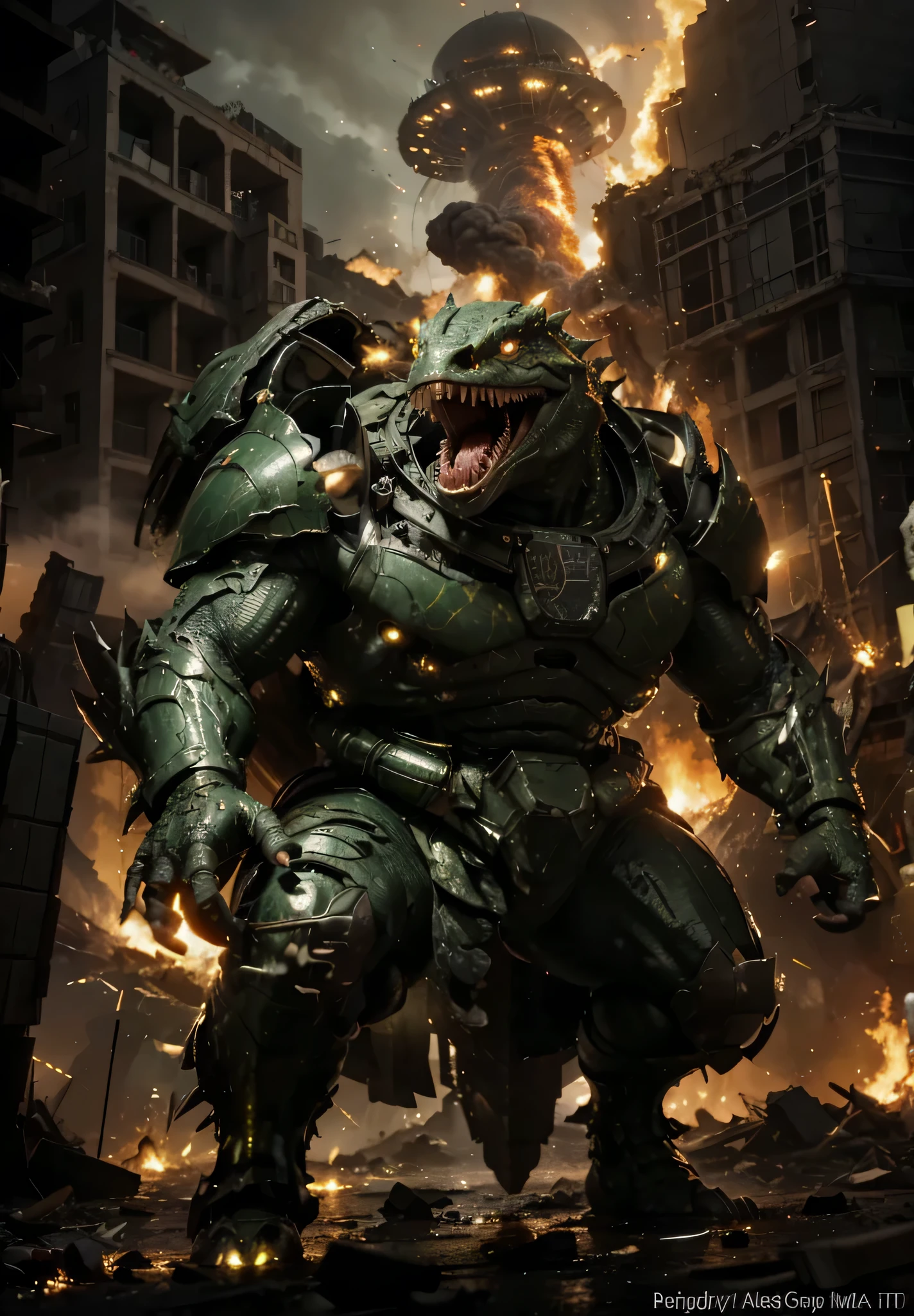 horrible menasing hipermuscular reptiloide mutante reptil escamoso piel verde amarillo, small shiny eyes mouth with many fangs small slime falls from his mouth, armadura pesada avanzada tipo cyborg, holds an advanced laser weapon, a spaceship launches a beam of energy, is in a city completely destroyed in flames, humo y escombros, platillos voladores en el cielo, MUCHO FUEGO, noche, luz baja, colores intensos, ultra Realista, ultra detallado, Hyper Realista, 4k, ultra detallado image, Realista, 4k, ultra detallado image, Realista, Muy detallado, perfect composition, gorgeous, Intrincadamente detallado, incredibly detailed, 8 k artistic photography, hiper detallado, obra maestra, ultra detallado, hyper Realista, 4k, ultra detallado image, Realista, muy detallado, perfect composition, hermoso, Intrincadamente detallado, incredibly detailed , 8K fine art photography, hiper detallado, obra maestra