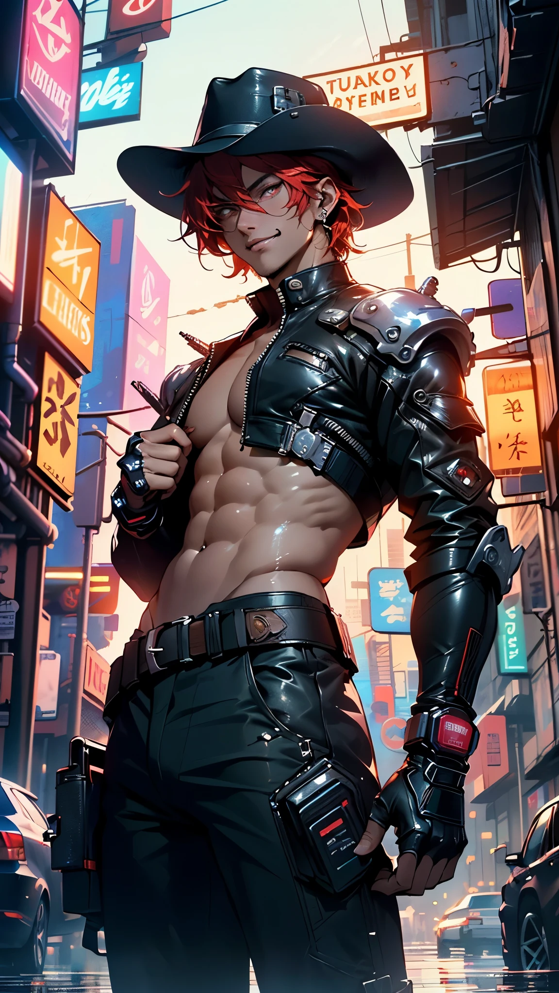 (man:1.5),1 man,cyberpunk gunslinger,(((1man))),((man with messy red hair)),

(((1male,man:1.5,handsome man,male,male gender:1.5,male focus))),macho man,((messy red hair,detailed hair,highly detailed hair,red hair,hair over one eye:1.2,colored inner hair)),(((dark_red_eyes:1.2))),intricate eyes,beautiful detailed eyes,symmetrical eyes,(((lustrous skin:1.5,tanned skin,bright skin: 1.5,skin tanned,shiny skin,very shiny skin,shiny body,illuminated skin))),((man chest)),handsome face,((muscular)),(detailed face),

nsfw,

(((bare chest))),dark pants,((bulge in pants)),((gunfighter outfit, (cyberpunk cowboy_hat:1.2))),(wearing a gunfighter outfit:1.3,gunslinger clothes),(cyberpunk gun holster,belt),((wet clothes,intricate outfit,intricate clothes)),

(dynamic pose:1.0),solo focus,((evil smile,evil look)),(centered,scale to fit dimensions,Rule of thirds),

cyberpunk city by the ocean at night, with bright neon signs and dark stormy clouds and puddles, scenery:1.25,nighttime, starry night, cosmos,Very dark night that makes the neon lights stand out, very bright neon lights,nighttime, starry night, cosmos,

artistic photography,(photography taken by sldr),highres, sharp focus,(ultra detailed, extremely detailed), (photorealistic artwork:1.37),(extremely detailed CG unity 8k wallpaper),((synthwave background theme)),(((vibrant colors))),intricate,(intricate background),(masterpiece),(best quality),photo realistic,analog style,((intricate detail)),(((realism))),
