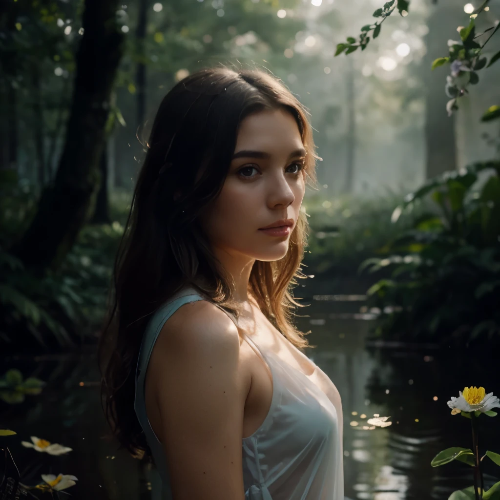 girl inside a light bulb: On the shore of the swamp, Lots of wild flowers, plants, Drawing, nebula, a lot of details, Gentle sensuality, realistically, High quality, Hyper detail, professionally, filigree, foggy haze, Hyperrealism, professionally, transparently, delicate pastel colors, Backlight, contrast, Fantastic, fabulous, Unreal, translucent, glows,crisp lines, эпично fabulous, Fairytale landscape, Hyperrealism