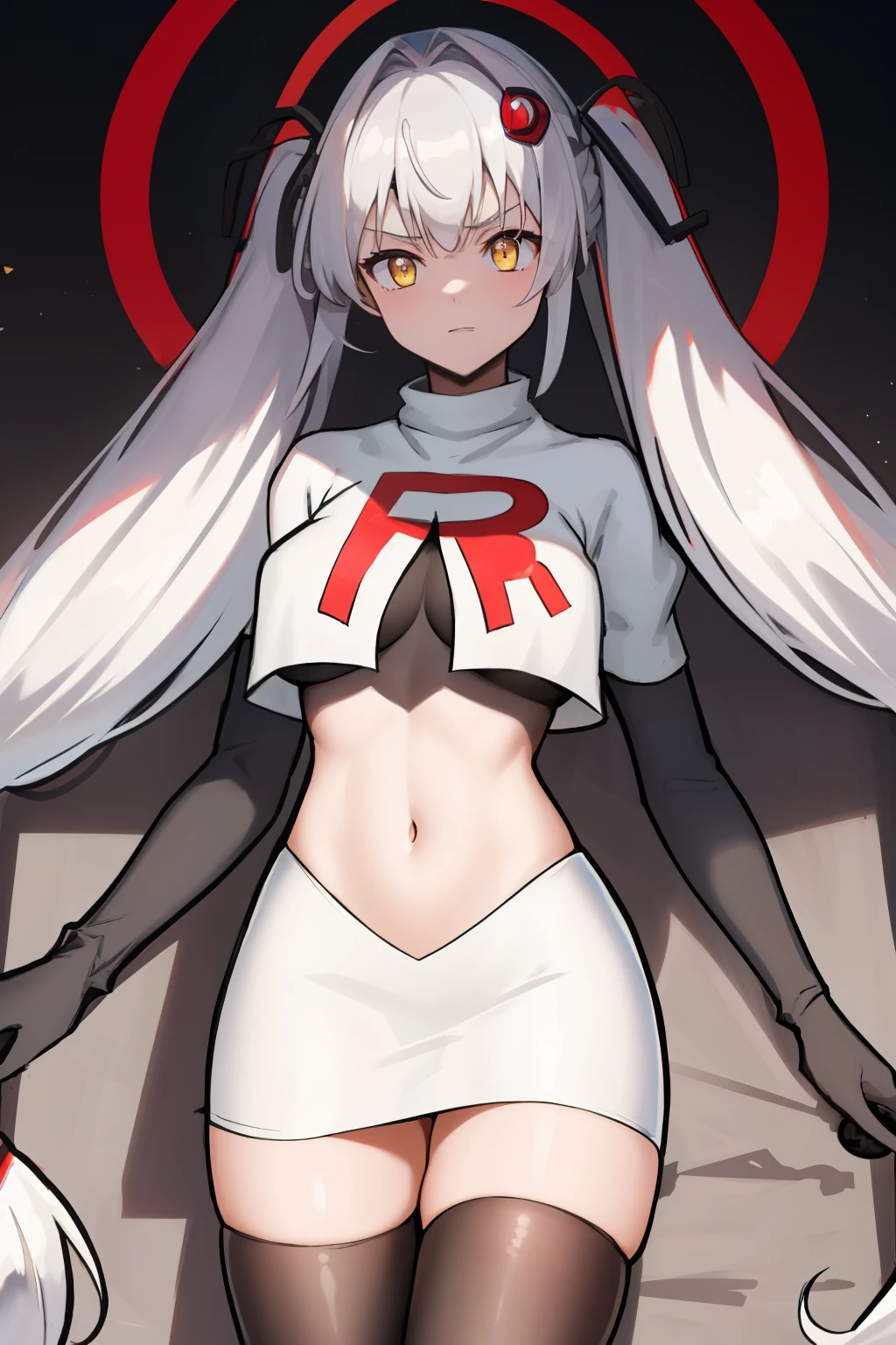 masterpiece, best quali,1girl, bangs, breasts, eyebrows_visible_through_hair, hair_ornament, long_hair, looking_at_viewer, medium_breasts,  solo,silver hair,twintails, very_long_hair, yellow_eyes,  team rocket,team rocket uniform,white skirt,red letter R,crop top,black thigh-highs,black elbow gloves