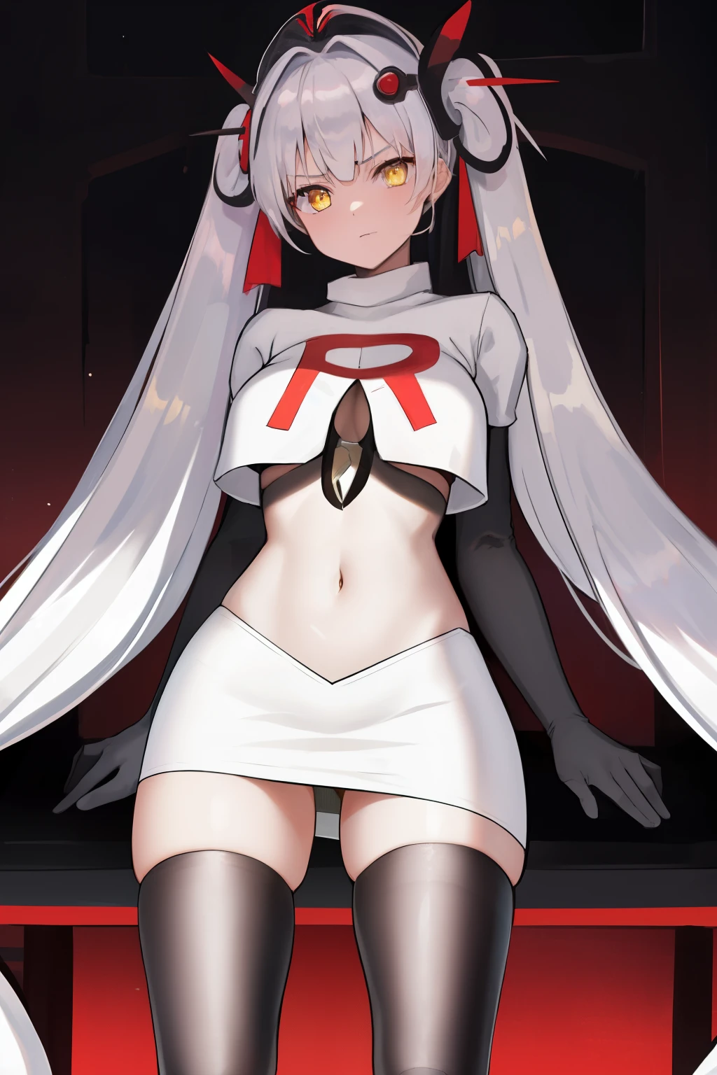 masterpiece, best quali,1girl, bangs, breasts, eyebrows_visible_through_hair, hair_ornament, long_hair, looking_at_viewer, medium_breasts, solo,silver hair,twintails, very_long_hair, yellow_eyes, team rocket,team rocket uniform,white skirt,red letter R,crop top,black thigh-highs,black elbow gloves