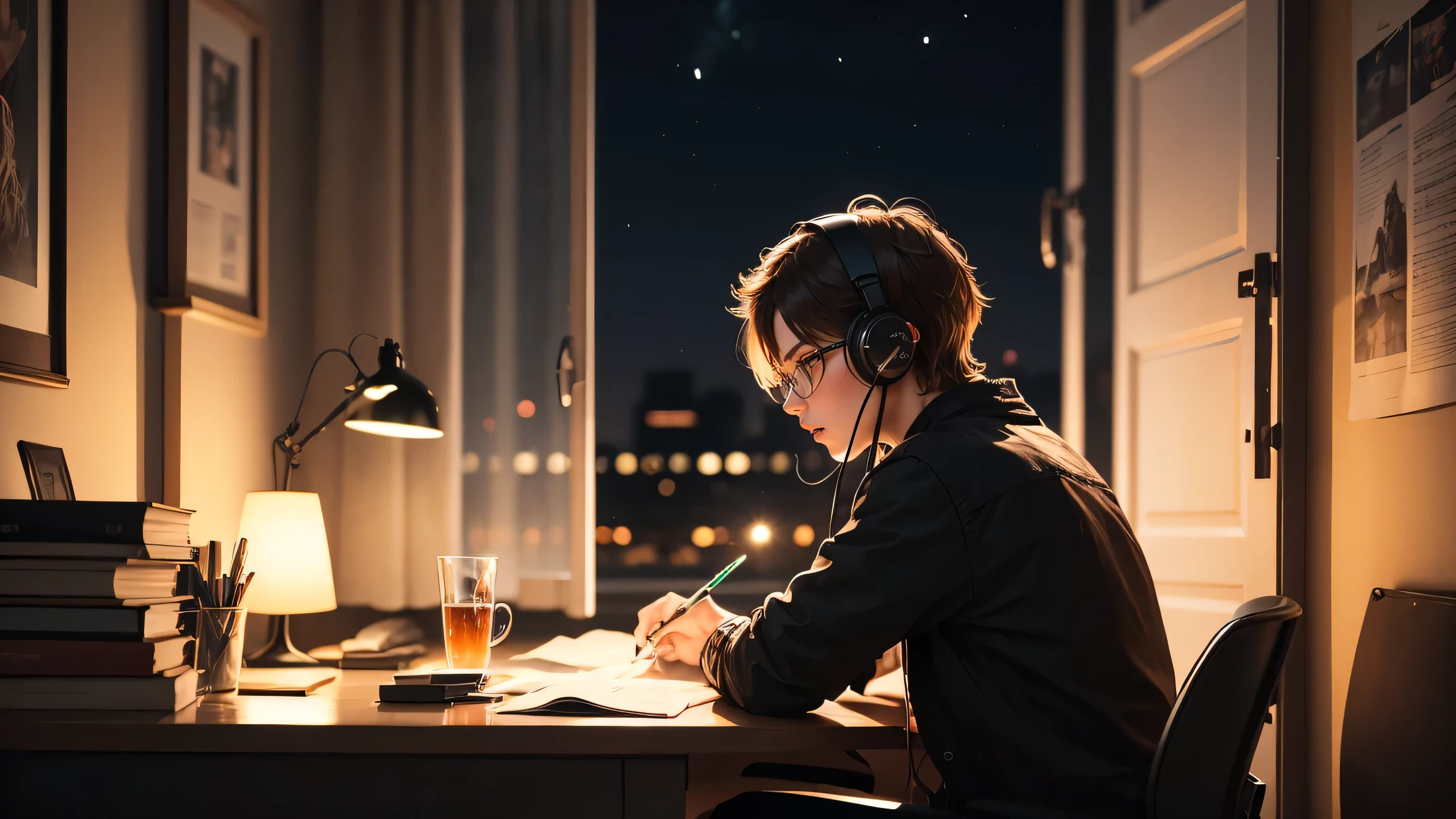 masterpiece, best quality, ultra high resolution, 1 Young, studying, with headphones, in the semi dark room, poster on the wall, poster of rock bands, glass window, night outside