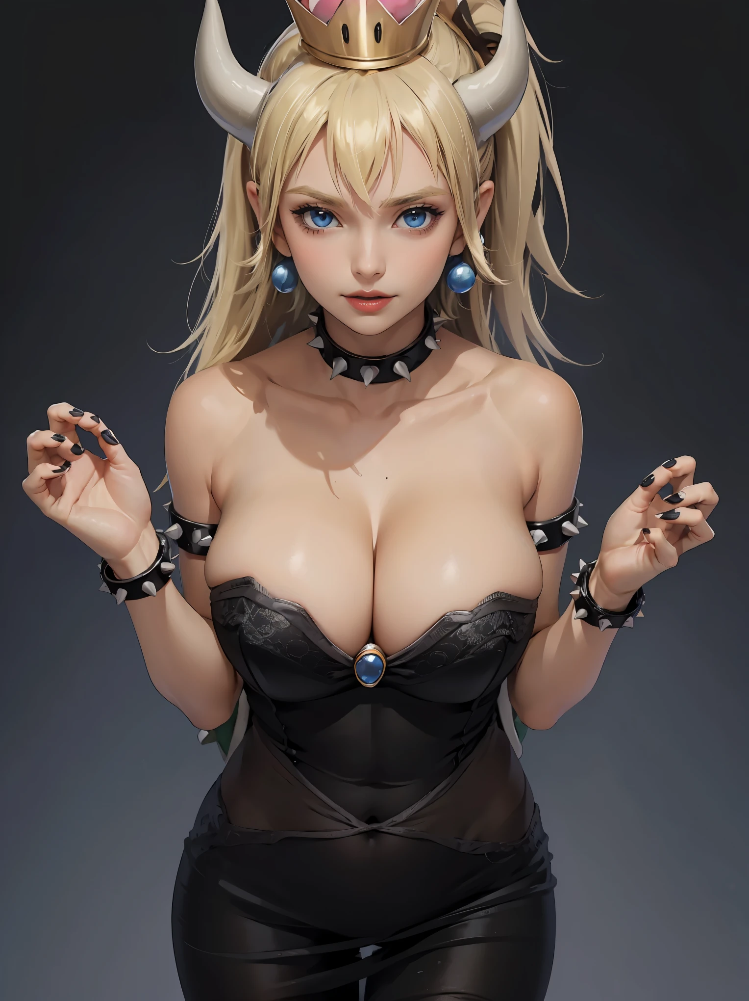 ((high detailed, best quality, 4k, masterpiece, hd:1.3)), ((best quality)), (((HD))), (((8k))), (ultraDH), (ultra HD), Snowy Forest background, snowflake pattern, blue eyes, BREAK blue eyes, seductive, attractive, smooth anime cg art, 36C breasts, long legs, vivid colors, detailed digital art, slim body, perfect skin, blonde hair, long hair, light hair, blonde hair, BREAK crown, cleavage, 36C cleavage, looking at viewer, BREAK looking at viewer, extremely detailed face, earrings, gem, dark black makeup lips, dark gothic eyeshadows, dark eyeshadows, black eyeshadows, black sexy lips, dark lips, very dark lips, (perfect hands, perfect anatomy), black makeup, black medium lips, black thick lips, detailed fingers, five fingers per hand, 5 fingers, (1 girl), detailed lips, detailed black lips, black painted lips, gothic painted lips, BREAK night, night sky, (breast focus), (arms outstreched:1.2), (from above:1.1), (breasts out:1.3), (off shoulder:1.1), ((blue clothes)), ((dark black lingerie)), ((black lingerie)),
