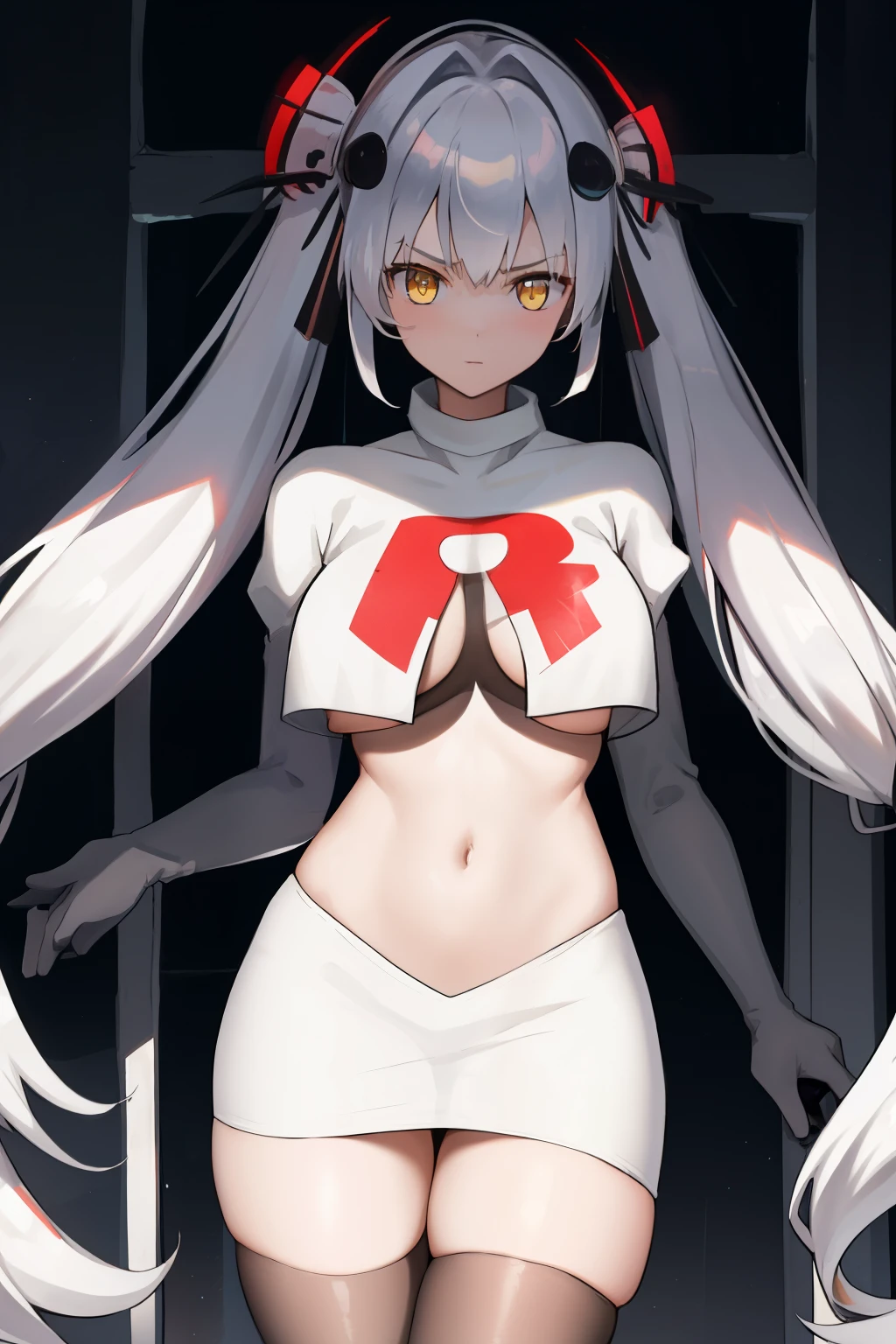 masterpiece, best quali,1girl, bangs, breasts, eyebrows_visible_through_hair, hair_ornament, long_hair, looking_at_viewer, medium_breasts,  solo,silver hair,twintails, very_long_hair, yellow_eyes,  team rocket,team rocket uniform,white skirt,red letter R,crop top,black thigh-highs,black elbow gloves