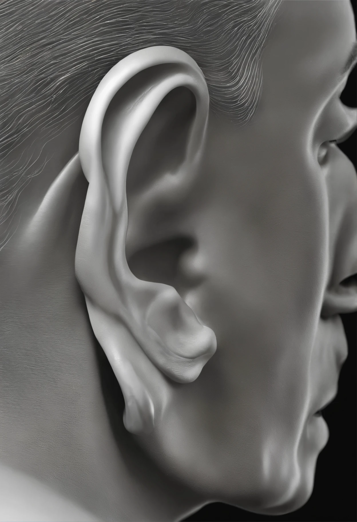 Page 1:
Detailed description: An illustration of a human ear seen in profile, with emphasis on the external auditory canal. The ear should appear realistic, with smooth textures and shadows to provide depth. The external auditory canal should be highlighted, with a clear and detailed shape, showing its contours and anatomical features.