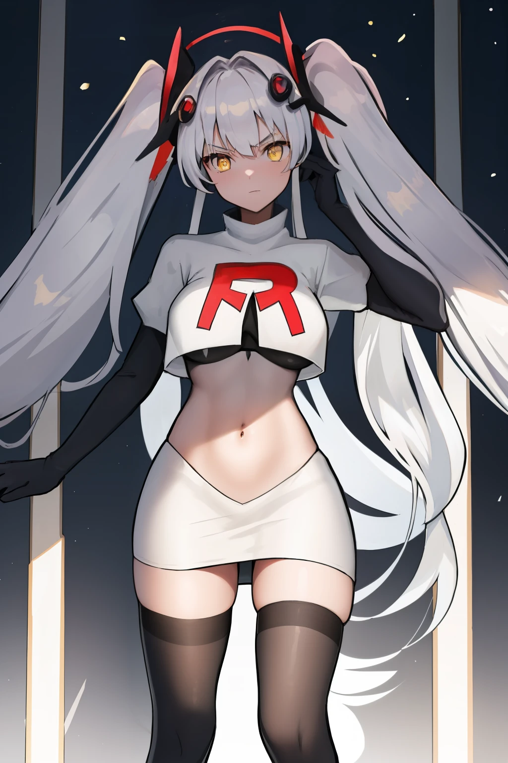 masterpiece, best quali,1girl, bangs, breasts, eyebrows_visible_through_hair, hair_ornament, long_hair, looking_at_viewer, medium_breasts,  solo,silver hair,twintails, very_long_hair, yellow_eyes,  team rocket,team rocket uniform,white skirt,red letter R,crop top,black thigh-highs,black elbow gloves