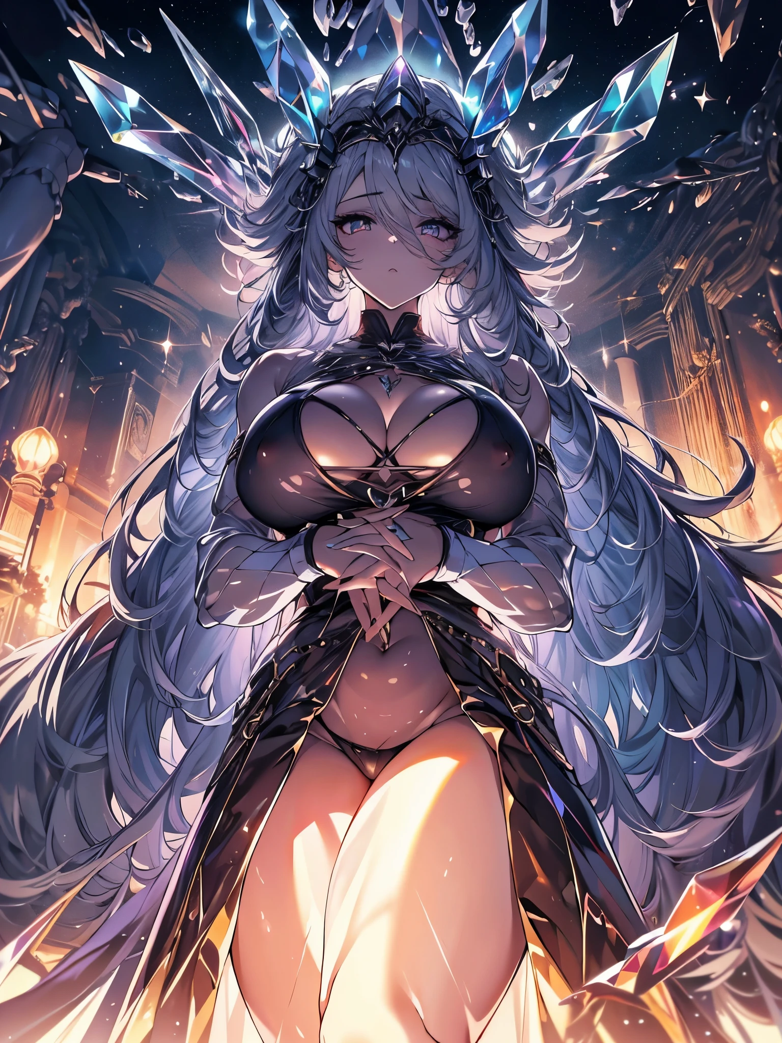 A crystaline sensual witch girl with moving hair, siting, long hair, white hair, black crown, long curved horns, cleavage, big breasts, nipples, translucent outfit, lifeless eyes, red light eyes, dark sky without any sparkles or stars, shadows, dark, big ass, thick muscle body, {wallpaper extremely detailed 16k CG unit wall}, expansive landscape photography, (a low view focusing on the character and setting), (wide open field view), (low angle shot), (high light: 1.2) , (low light: 1.7), (warm light source: 1.2), complex details, (iridescent colors: 1.5), (bright lighting), (atmospheric lighting), solo