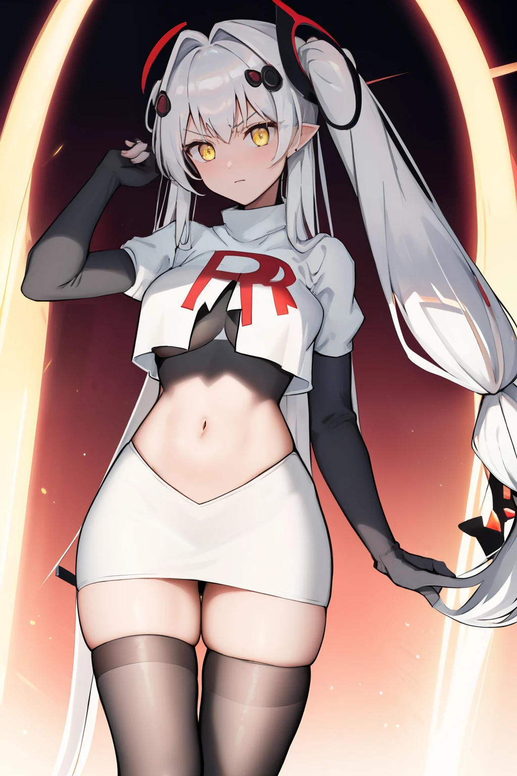 masterpiece, best quali,1girl, bangs, breasts, eyebrows_visible_through_hair, hair_ornament, long_hair, looking_at_viewer, medium_breasts,  solo,silver hair,twintails, very_long_hair, yellow_eyes,  team rocket,team rocket uniform,white skirt,red letter R,crop top,black thigh-highs,black elbow gloves