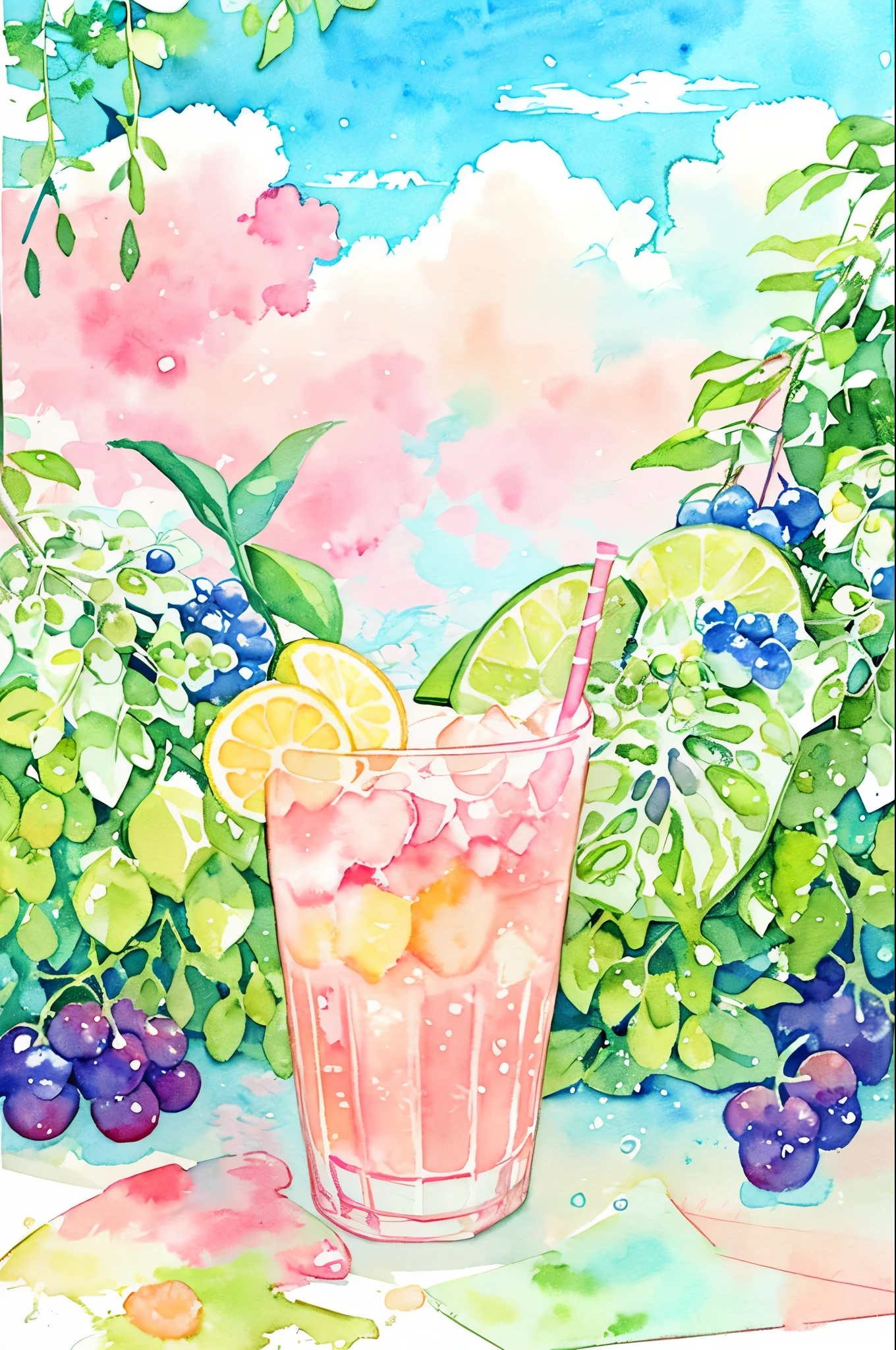 pastelcolor:1.2)、(cute illustration:1.2)、(watercolor paiting:1.2)、white backgrounid、、Light pinkish green throughout、moya、Clouds、extremely colorful、acid、malic acid、citric acid、Grapes are sour、Sour taste of fruit、carbonic acid、Schwashwa、Cream soda、Particles of Light、drinks、True seal