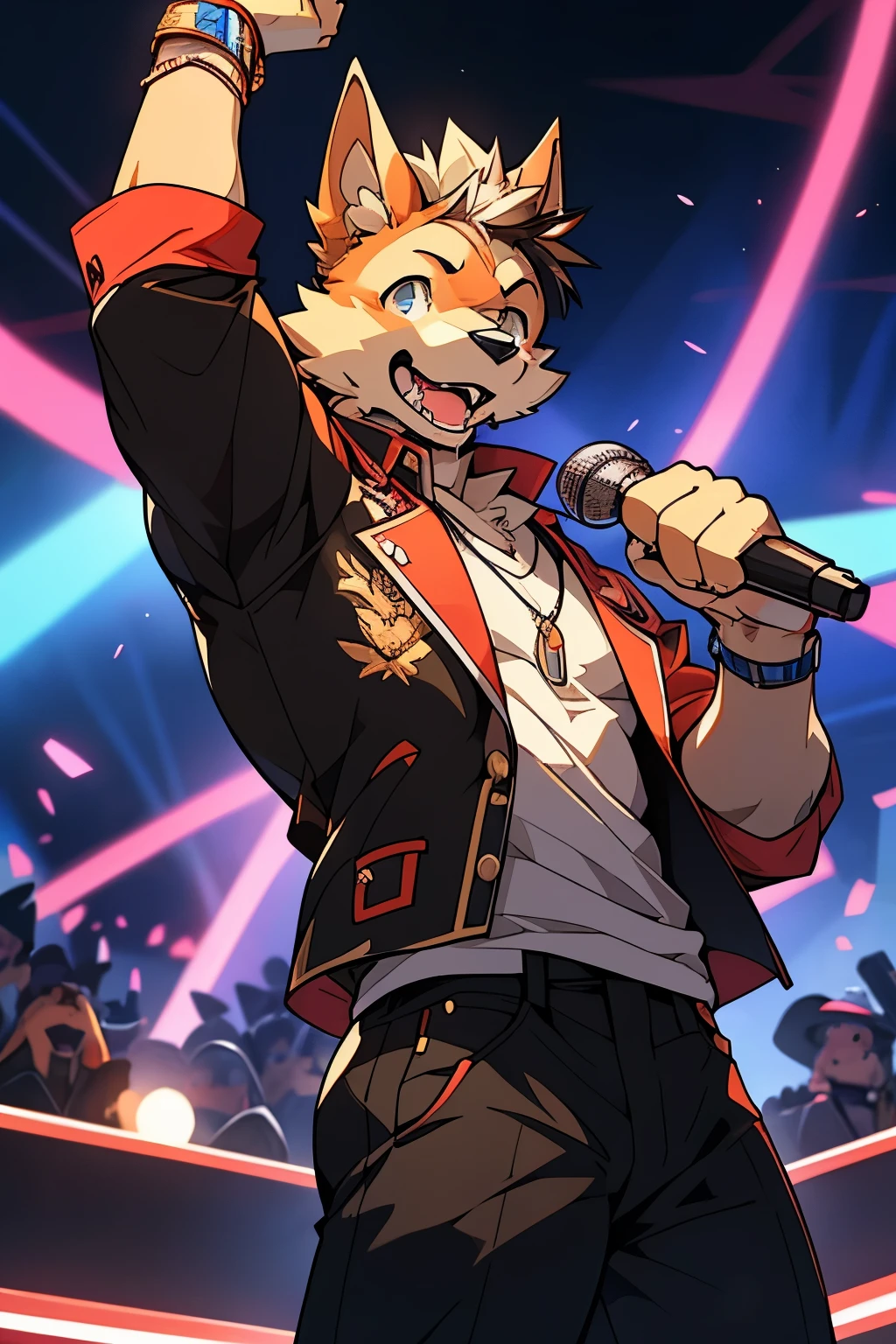（Charismatic man with a top knot, On a lively stage, Captivate the crowds with an impressive light show）Vocalist Male Cartoon、Anthropomorphic Scottish Terrier Dog
