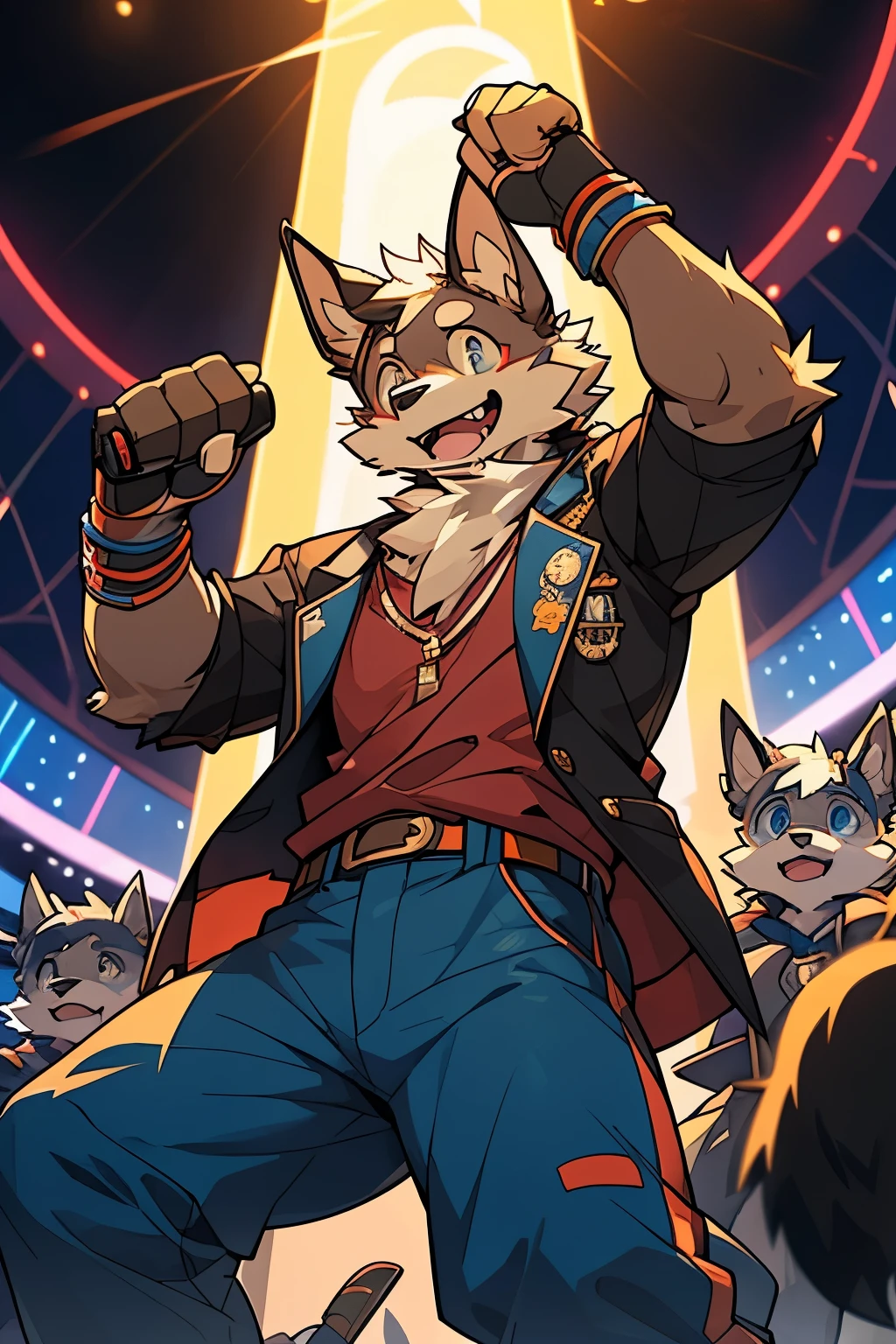 (Charismatic man with a top knot, On a lively stage, Captivate the crowds with an impressive light show)Vocalist Male Cartoon、Anthropomorphic Scottish Terrier Dog