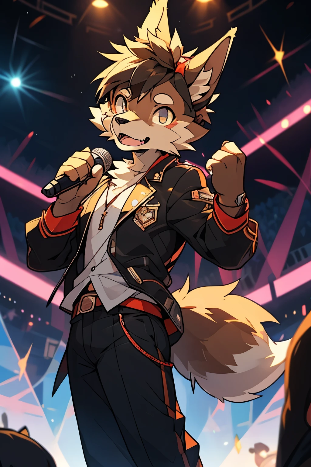 (Charismatic man with a top knot, On a lively stage, Captivate the crowds with an impressive light show)Vocalist Male Cartoon、Anthropomorphic Scottish Terrier Dog