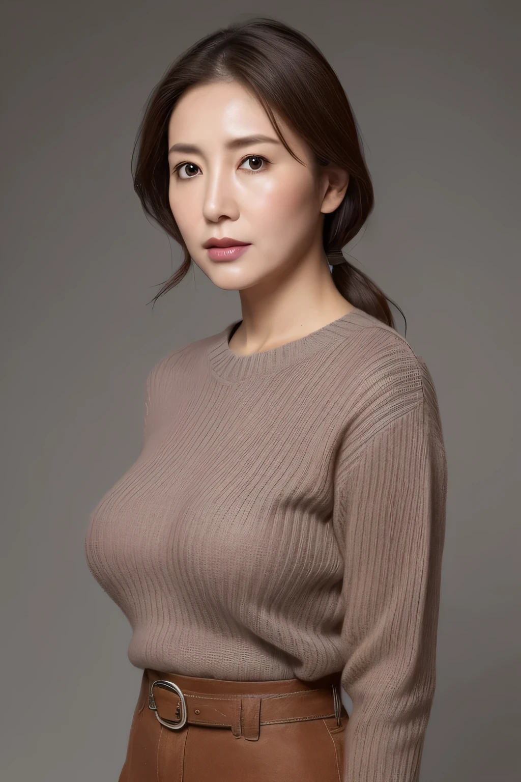 High resolution, High level image quality, high detail, masterpiece, rough skin, anatomically correct, sharp, gray background((japanese mature, 25 years old)), alone, ((facial wrinkles)), good shape big breasts, Straight light brown hair that reaches to the shoulders, Chubby body type (((stand upright, facing the center of the screen.))), Close your mouth and look straight ahead with a serious face, sweater, skirt, ((cowboy shot)),