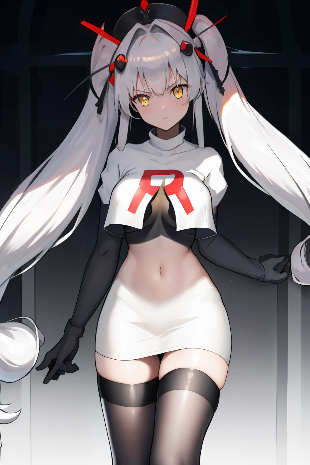 masterpiece, best quali,1girl, bangs, breasts, eyebrows_visible_through_hair, hair_ornament, long_hair, looking_at_viewer, medium_breasts,  solo,silver hair,twintails, very_long_hair, yellow_eyes,  team rocket,team rocket uniform,white skirt,red letter R,crop top,black thigh-highs,black elbow gloves