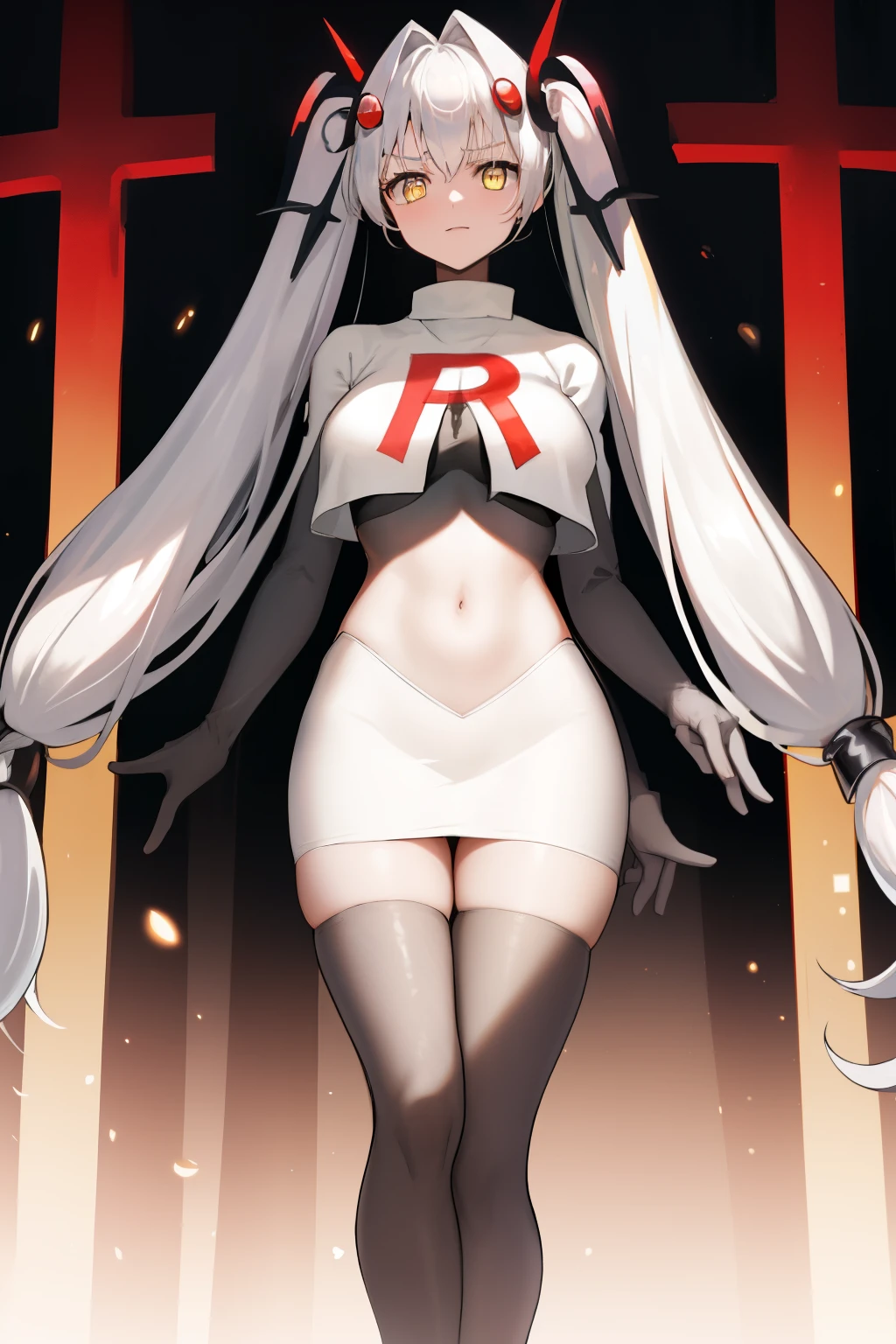 masterpiece, best quali,1girl, bangs, breasts, eyebrows_visible_through_hair, hair_ornament, long_hair, looking_at_viewer, medium_breasts,  solo,silver hair,twintails, very_long_hair, yellow_eyes,  team rocket,team rocket uniform,white skirt,red letter R,crop top,black thigh-highs,black elbow gloves