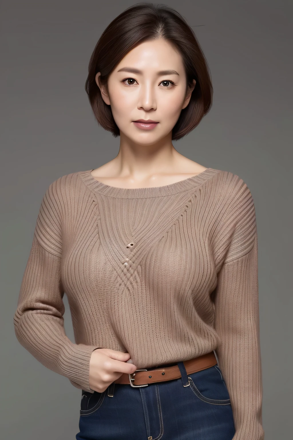 High resolution, High level image quality, high detail, masterpiece, rough skin, anatomically correct, sharp, gray background((japanese mature, 25 years old)), alone, ((facial wrinkles)), good shape big breasts, Straight light brown hair that reaches to the shoulders, Chubby body type (((stand upright, facing the center of the screen.))), Close your mouth and look straight ahead with a serious face, sweater, skirt, ((cowboy shot)),