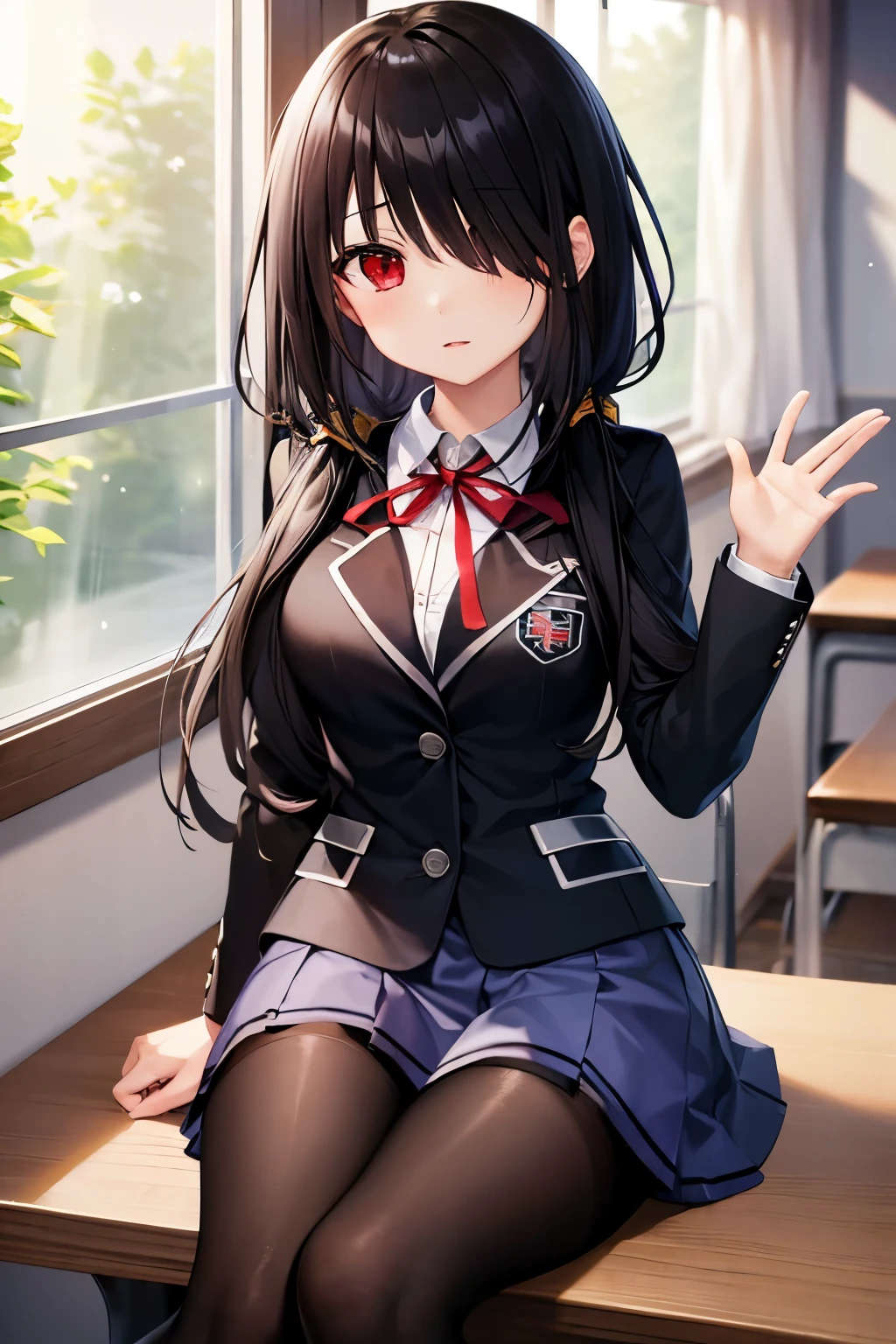 masterpiece, best quality, absurdres, KurumiSchool, low twintails, hair over one eye, school uniform, black jacket, blue skirt, neck ribbon, black pantyhose, sitting, indoors, classroom, window, waving at viewer, 