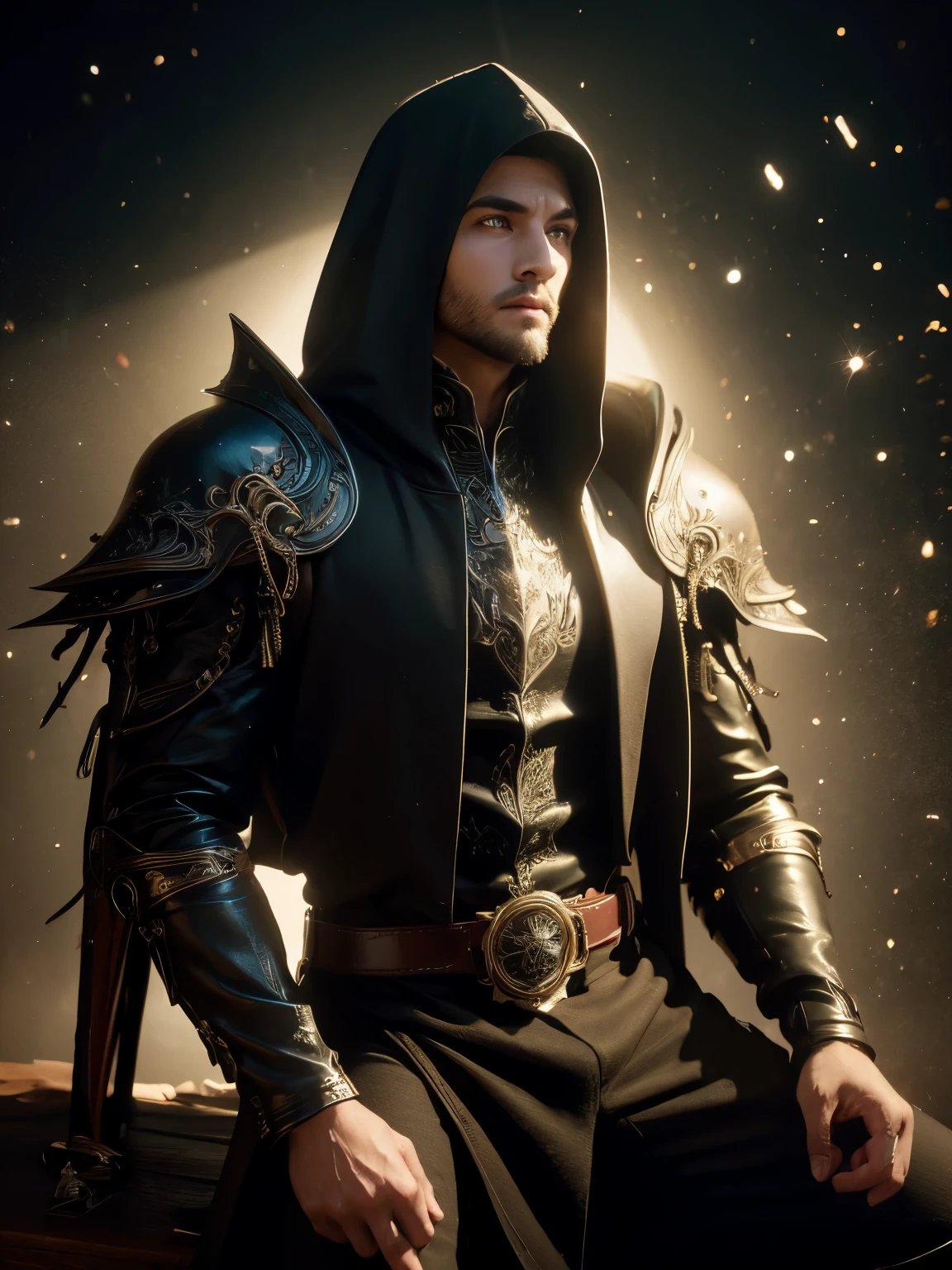 (ridiculous, high resolution, Super detailed), 1 male, aldult, Handsome, High muscle face, broad shoulders, delicate eyes, short black hair, brown eyes, black cloak, wearing hood, leather vest, Leather bag on waist, There are 2 daggers on the belt, castle, Medieval atmosphere, natural light and shadow, Bright particles are flying around the man, excellent, mystery, Bright glow,  sitting position, Serious expression, cold, thoughtful, Shut up