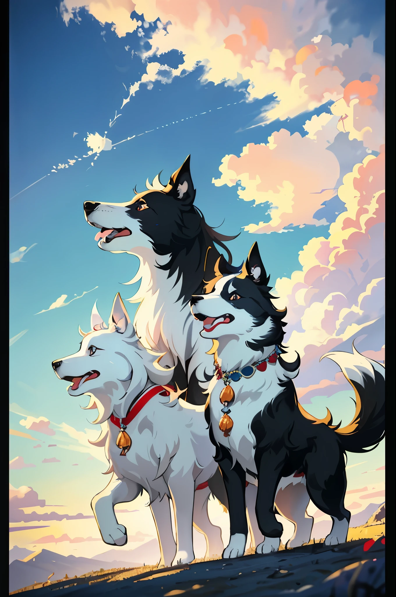 Cinematic masterpiece showcasing a delightful side view of two energetic black and white border collies playfully frolicking and joyfully riding a fluffy cloud. The vibrant light blue sky serves as a stunning backdrop, adorned with mesmerizing shades of red to yellow, resembling the breathtaking hues of a setting sun.