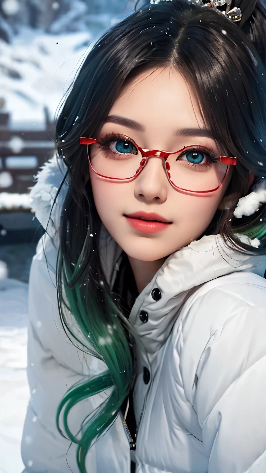 snow scene、snow powder、snow queen、Smiling face close-up、glossy lips、shining eyes、snow girl、Snow suit、role play、(realistic、high resolution)、(1 girl in)、snow girl、Makeup Eyes、korean girl、(best quality), (on the table), (1 girl in), alone, a beautiful girl, perfect face, dreamlike、Highly detailed airbrush art((Surrealism))、Volumetric lighting、(top quality)、The Super detailed、(Movement components:1.4)、Highly detailed color details、(bright lights)、dynamic combination、Ray tracing、mirror reflected light、shallow view deep、Super detailed、mixed exposure、north african trade zone、Her eyes sparkled with light green light、red glasses，Red half-rim glasses、Long ponytail hairstyle，Black hair and green hair, Good-looking hair accessories，Falling snowflakes in the background、Snowy mountains sparkling