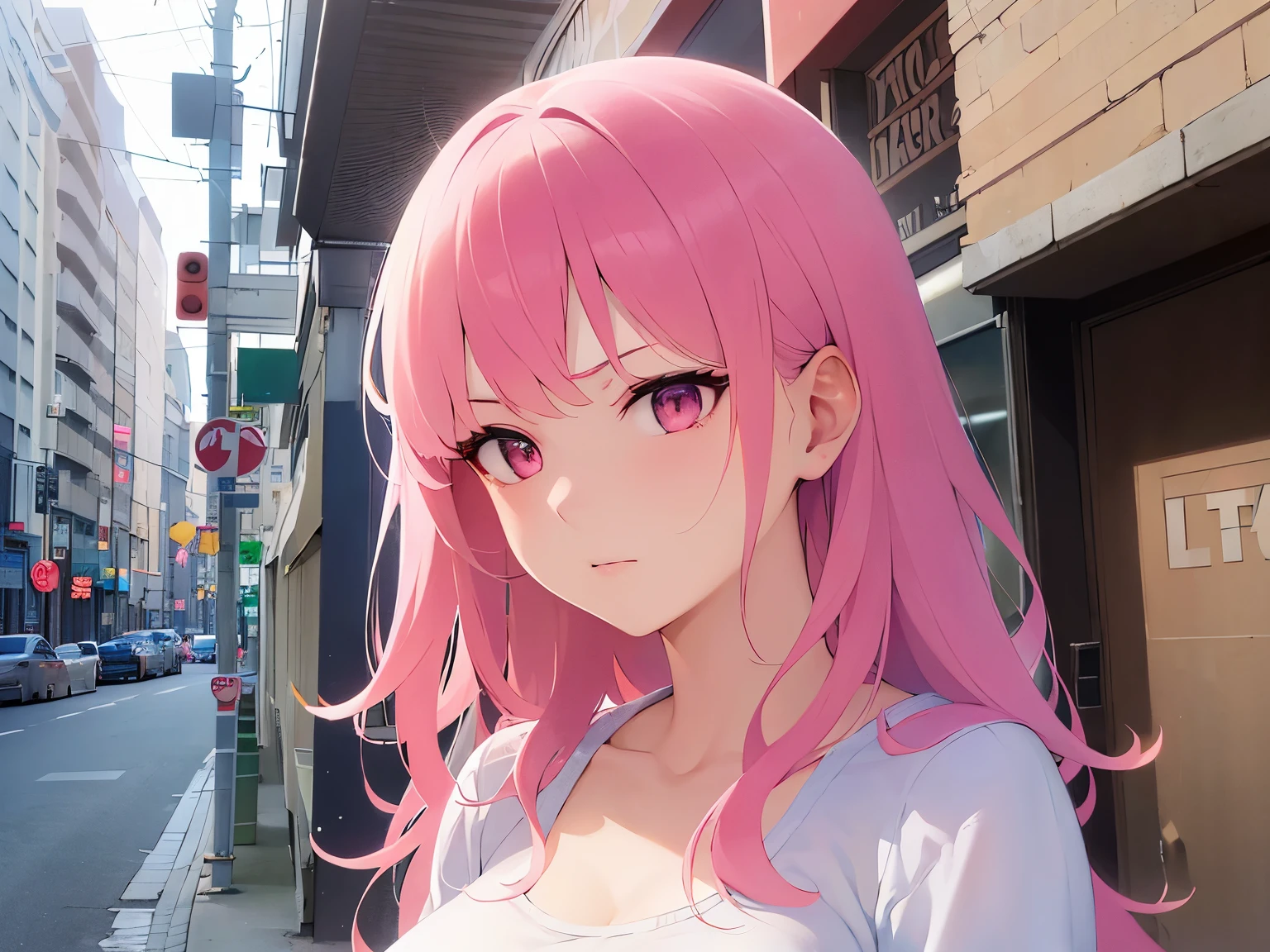side angle, (lookin away:1.5), Upper body is shown、glamorous, Realistic, real person, RAW photo, photorealistic, portrait photography, shiny skin, japanese idol、pink hair、Wavy medium hair with bangs、20 year old woman with pink eyes、Wearing a white long-sleeved crew neck blouse、glaring、look of despair、The background is the building street outside、Alone