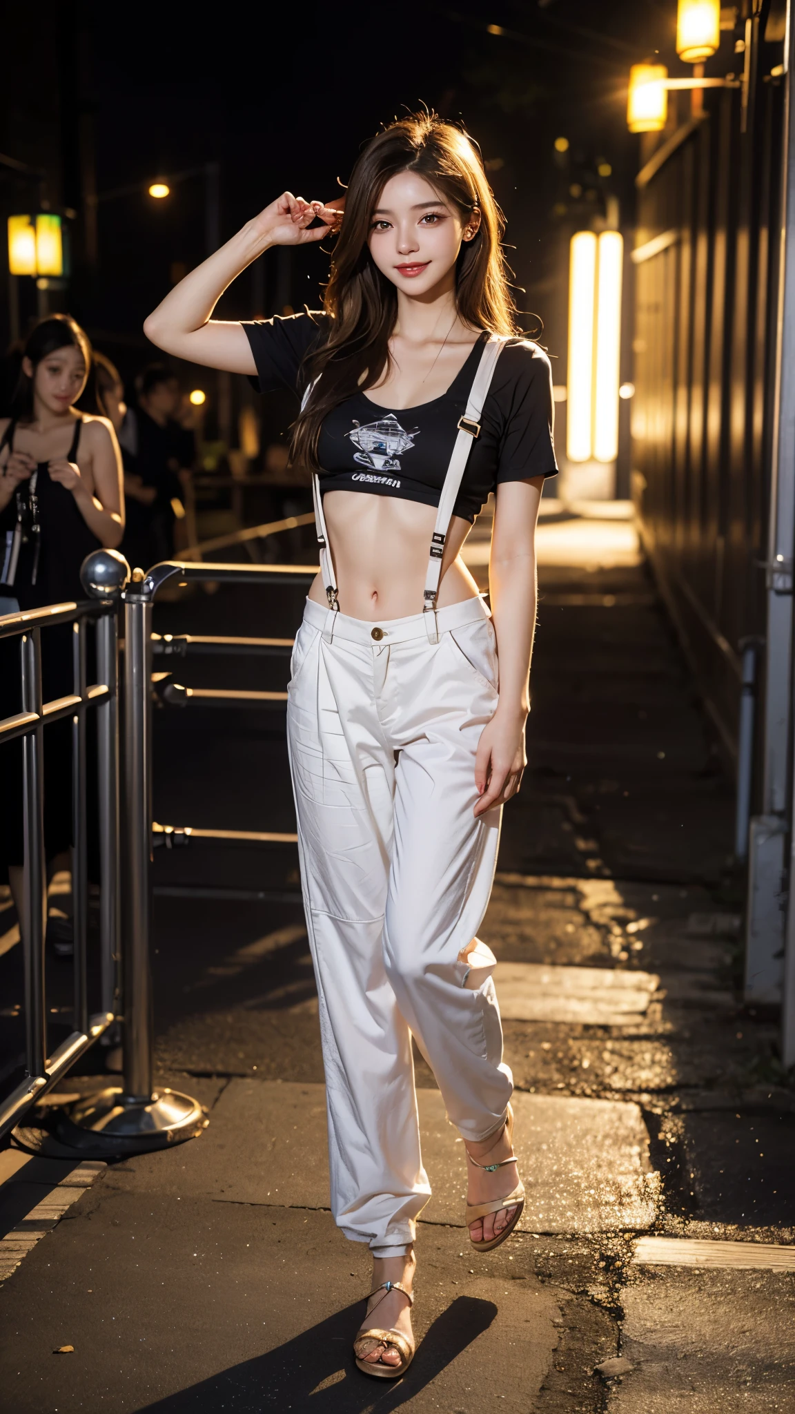 highest quality, table top, ((full body photo))、slender body,high style,Super high resolution, (realistic:1.4), RAW photo, 1 girl, Kーpop idol, Idol maKeup,long hair blonde hair,,Chibi T-shirt,suspenders、K-pop idol costumes、cap,Navel exposed,abs、parachute pants,fine eyes,(realistic eyes),sparKly eyes、delicate face,realsKin,fine hair,Detailed sKin,beautiful face,((smile))、bright lighting、music program lighting、