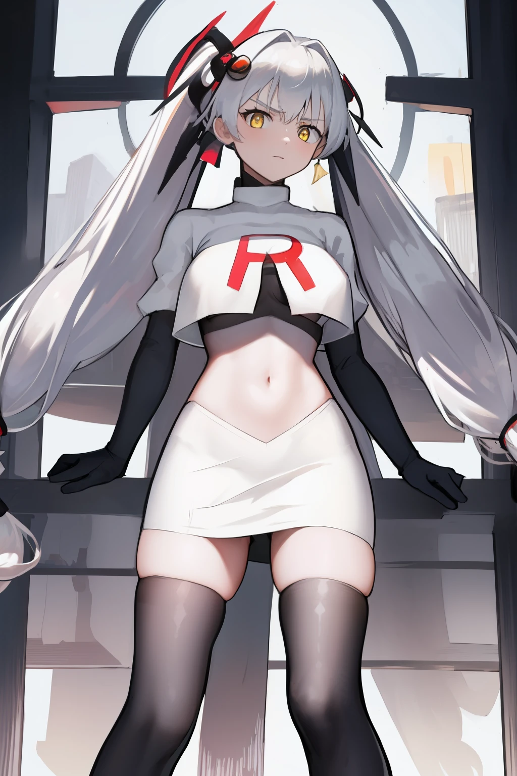 masterpiece, best quali,1girl, bangs, breasts, eyebrows_visible_through_hair, hair_ornament, long_hair, looking_at_viewer, medium_breasts,  solo,silver hair,twintails, very_long_hair, yellow_eyes,  team rocket,team rocket uniform,white skirt,red letter R,crop top,black thigh-highs,black elbow gloves