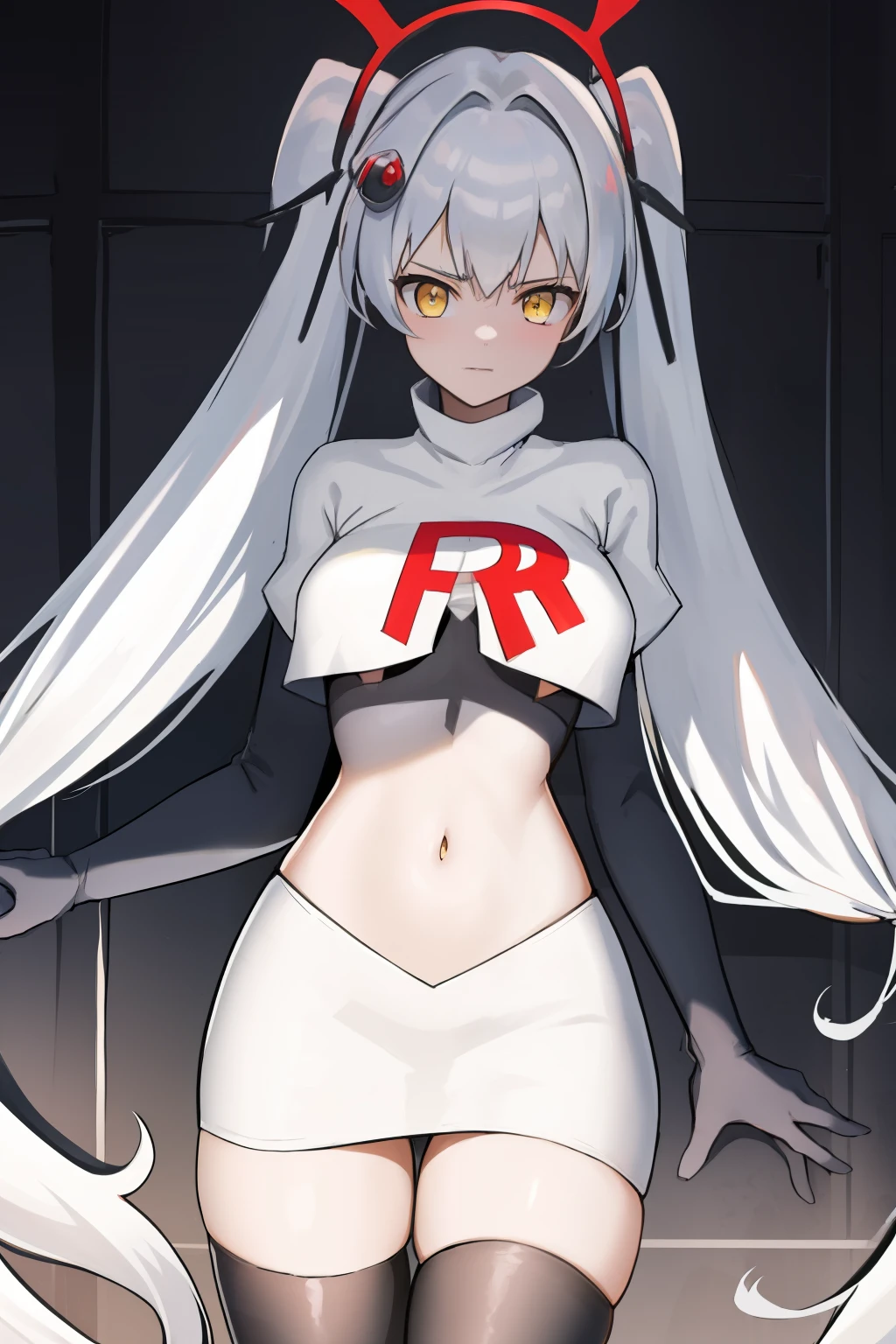 masterpiece, best quali,1girl, bangs, breasts, eyebrows_visible_through_hair, hair_ornament, long_hair, looking_at_viewer, medium_breasts,  solo,silver hair,twintails, very_long_hair, yellow_eyes,  team rocket,team rocket uniform,white skirt,red letter R,crop top,black thigh-highs,black elbow gloves