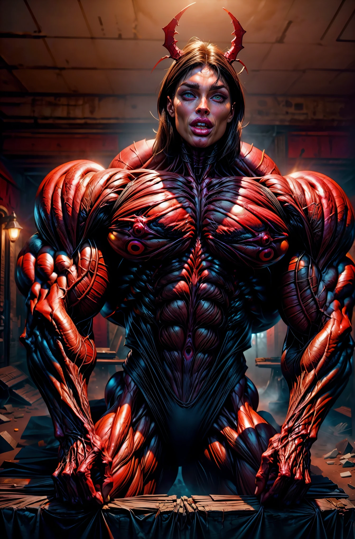 (1 girl), (megan fox:1.25), (naked gore:1.25), Sexy Evil muscular anatomic Succubus, (Muscular skinless anatomy:1.25), (large Demon horns:1.25), anatomic tech muscular bodysuit, an evil red glow emanating from her, (huge demonic wings:1.25), Black Eyes, large veiny breasts, (perfect hands:1.25), diabolic, insidious, Context of the Satanic Church, (8k, RAW photo, photorealistic:1.25),