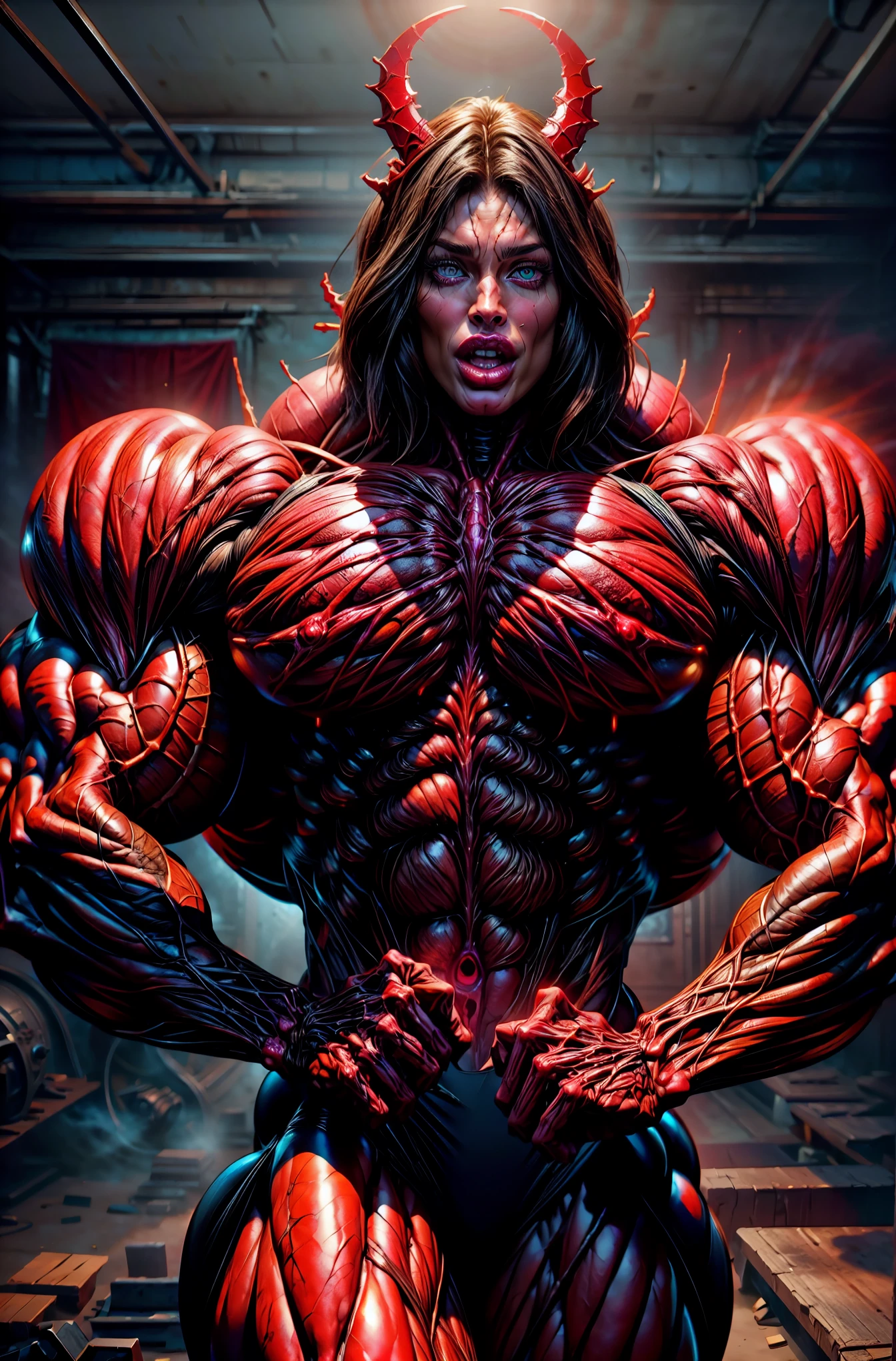 (beautiful girl face:1.45), megan fox as a vampiric muscular red carnage, (mouth wide open with tongue out:1.25), (red carnage anatomic muscular bio-mecha muscle suit:1.25), (body totally covered in muscles, veins, tendons), (perfect muscular anatomy), (fake large breasts:1.25)