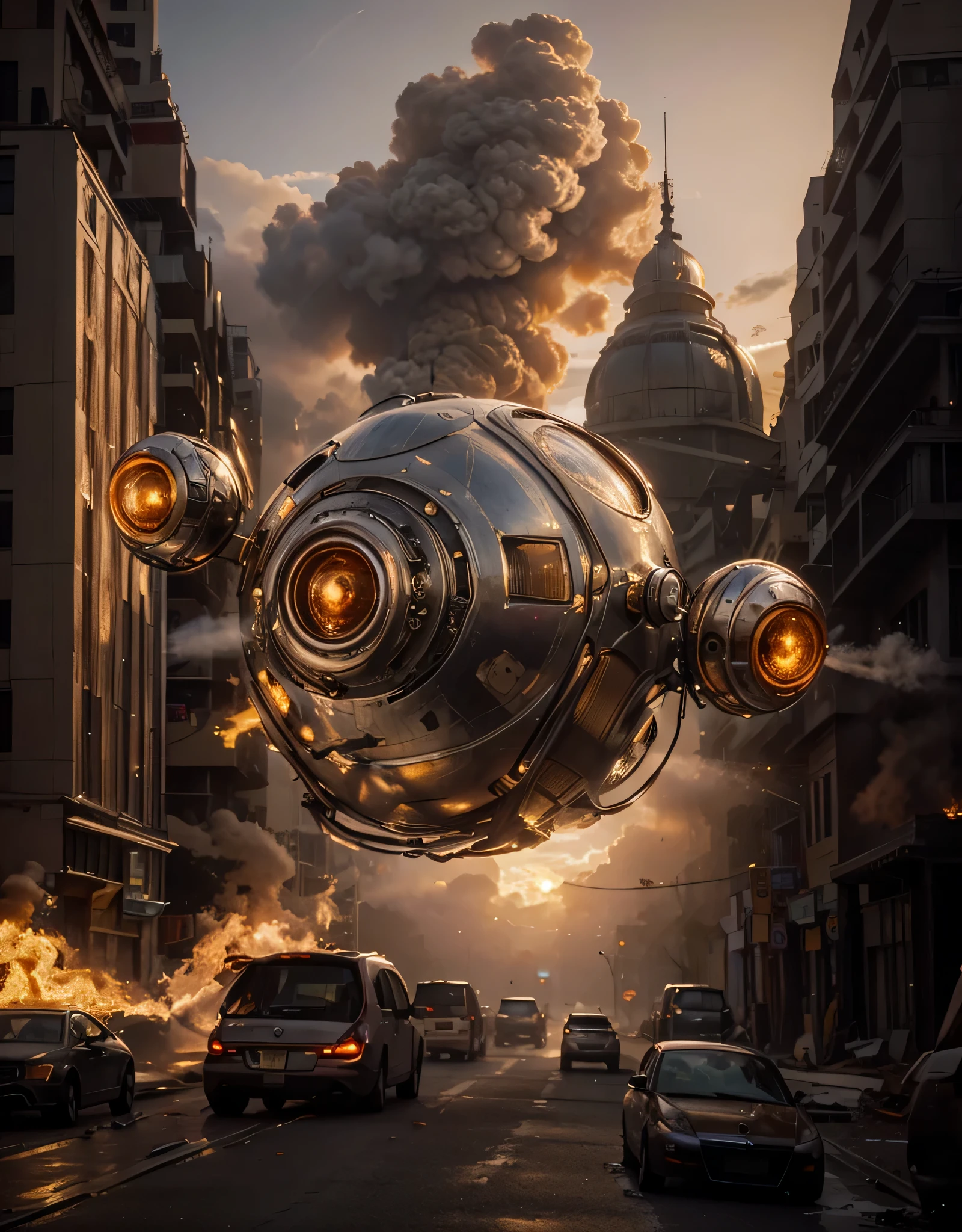 Art deco style flying spherical droid is metallic., Glossy metallic texture, has mechanical appendages, tiene ojos de cyborg morados, The sunset is in a city completely destroyed in flames., humo y escombros, Platillos voladores en el cielo, ultra realista , ultra detallado, Hyper Realista, 4k , ultra detallado image, Realista, muy detallado, perfect composition, hermoso, Intrincadamente detallado, incredibly detailed, 8K fine art photography, hiper detallado, obra maestra