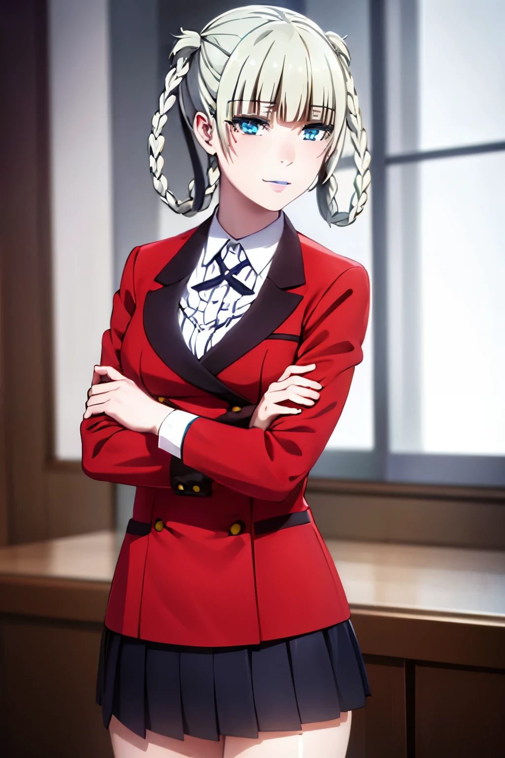 kirarimomobami, kirari momobami, bangs, blue eyes, hair ribbon, braid, blunt bangs, aqua eyes, makeup, lipstick, hair rings, blue lips, smile, BREAK skirt, shirt, school uniform, jacket, white shirt, pleated skirt, collared shirt, black skirt, blazer, (red jacket:1.5), BREAK indoors, classroom, BREAK looking at viewer, (cowboy shot:1.5), BREAK (masterpiece:1.2), best quality, high resolution, unity 8k wallpaper, (illustration:0.8), (beautiful detailed eyes:1.6), extremely detailed face, perfect lighting, extremely detailed CG, (perfect hands, perfect anatomy),