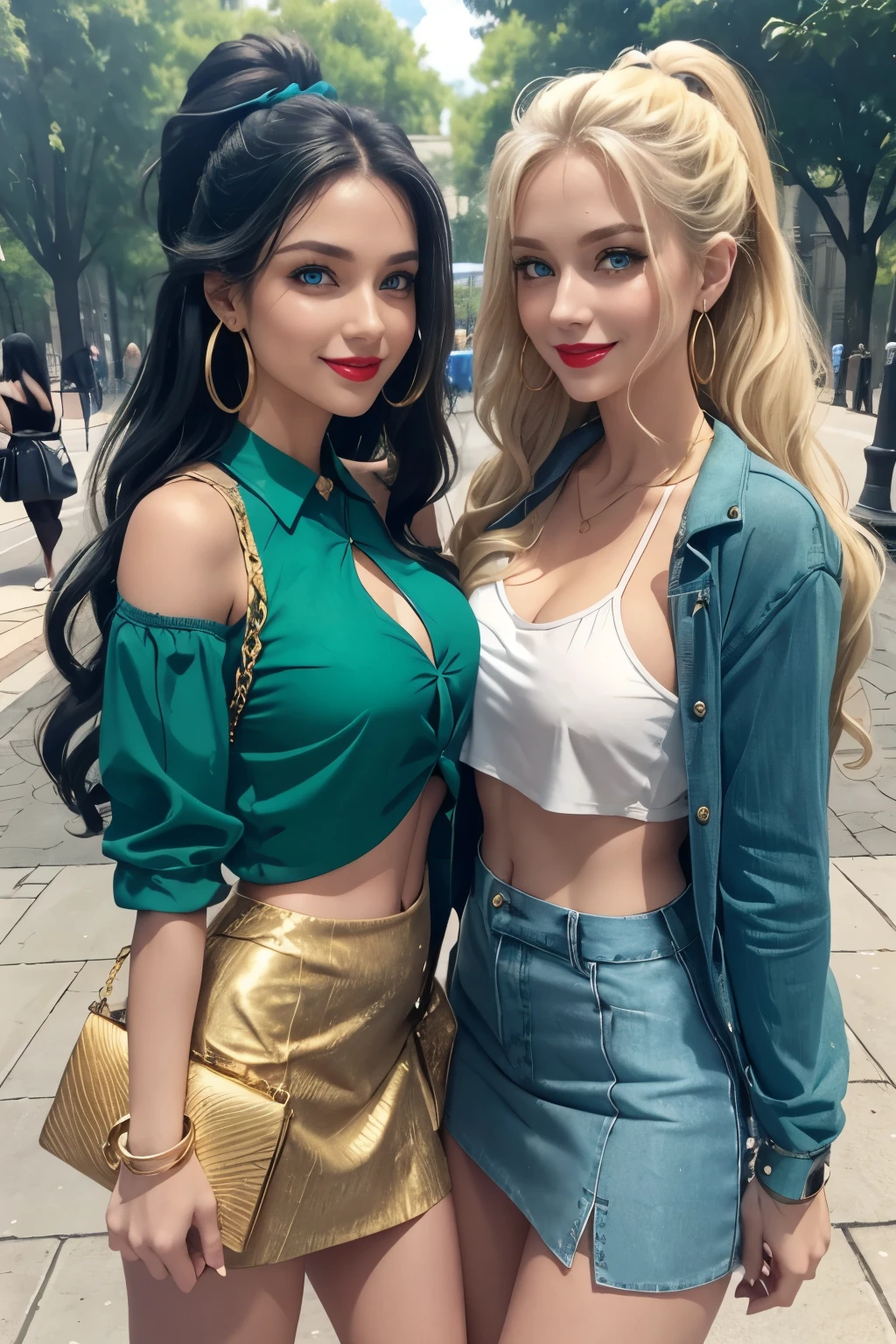 Two women, the first white Caucasian, blonde hair, wavy hair, long hair, with ponytail, (((green outlined eyes))), (Red mouth), athletic body, gold earrings, gold bracelets, smiling, dressed in miniskirt and top and bag; The second Caucasian woman, very white skin, blue-black hair, wavy hair, long hair, (blue outlined eyes), (Blue mouth), green miniskirt and blouse, Blue bag and earrings, smiling, Athletic body. both happy posing for the camera, in the city. Front shot. 