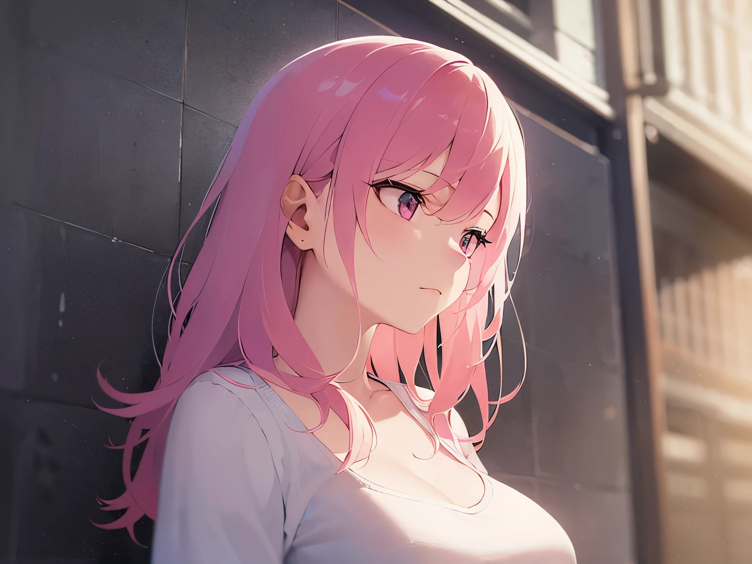 side angle, (lookin away:1.5), Upper body is shown、cleavage, Realistic, real person, RAW photo, photorealistic, portrait photography, shiny skin, japanese idol、pink hair、Wavy medium hair with bangs、20 year old woman with pink eyes、Wearing a white long-sleeved crew neck blouse、glaring、look of despair、The background is the building street outside、Alone