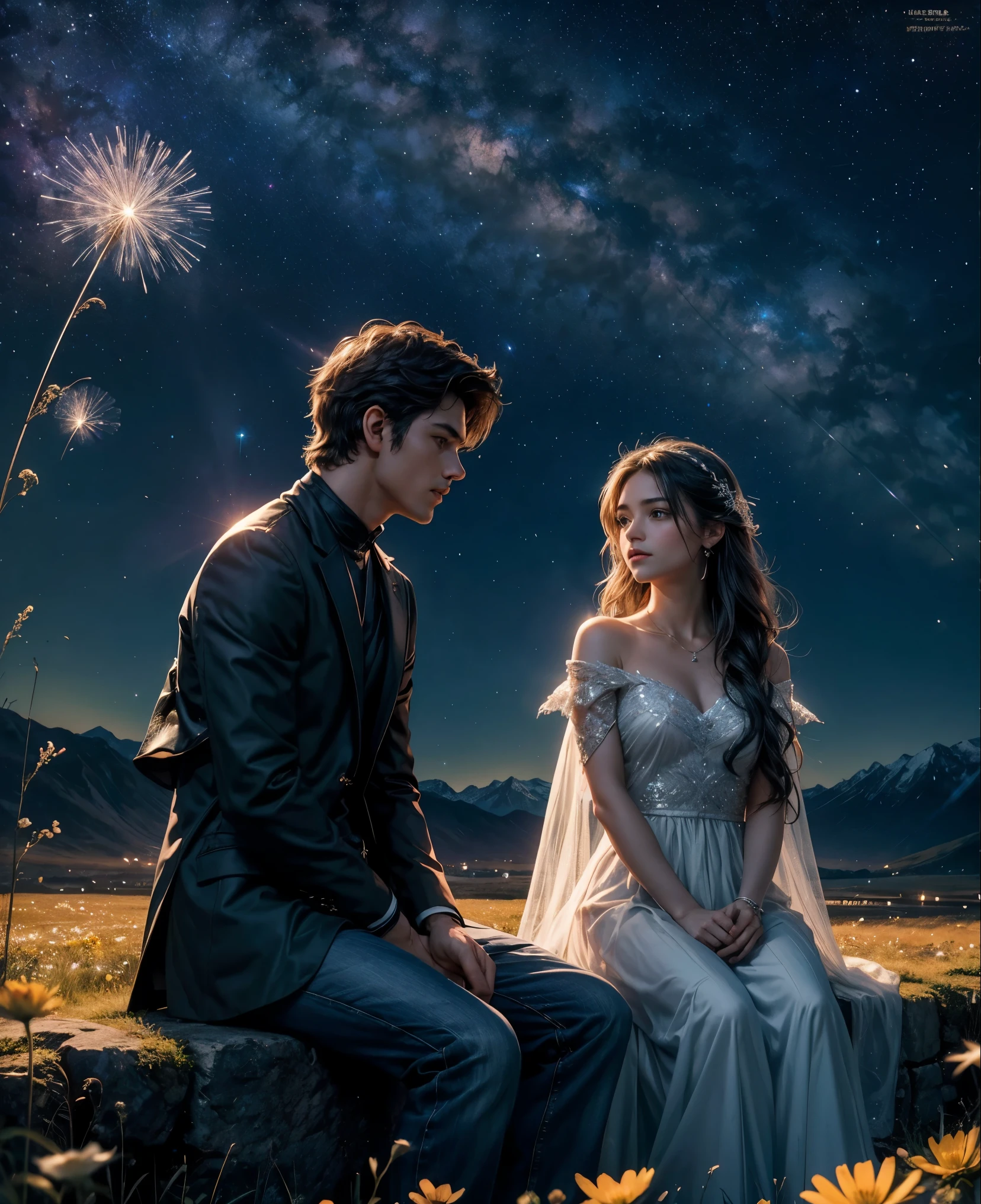 melhor qualidade, Ultra Realista, High quality night sky, Aurora BoReal lua brilhante e estrelas, Spark and lightning, dois casais de adolescentes, garoto, Garota, silhueta de dois adolescentes casal apaixonado, Garota, cabelos longos, estrelas brilhantes, garoto,
A man and a woman are together, under the dazzling starry sky. (melhor qualidade, A high resolution, ultra-detalhado), (Real, photoReal), Traje esportivo, romantic, vibrante com cores, long exposure photograph, lindos olhos, soft expressions, starry sky atmosphere, cosmos, peaceful tranquility, romantic movie poster, great scenery, Milky Way in the night sky, as estrelas brilham como diamantes,  He lay face down in a field full of mountain flowers,、looking up at the night sky.、Maybe it's because it's cold., Their breath seems pale white.、The source of light is a star in the night sky々Somente luz、De repente ela se vira para ele e cora、A shooting star visible from the position of the head flowed into the night sky.、The area is pitch black、In the dark、mesa、realista、beijo apaixonado、fundo altamente detalhado，realista，Ultra-detalhado，pele super detalhada，brilho de luz，Film grain，Expro II，reflexo de lente，Afiado，cinematic shadow, The air is full of magic, The soft moonlight casts a dreamy glow, Intimate moments frozen in time, aurora boReal, casal, 1 homem , e 1Garota, A man and a woman are sitting in a meadow of red flowers, sunset, Irish Man, Campo florescente, Dandelion floating in the wind, estilo romance adolescente, homem e mulher, flores vermelhas, homem de jaqueta de couro e causa jeans, Flying dandelion
