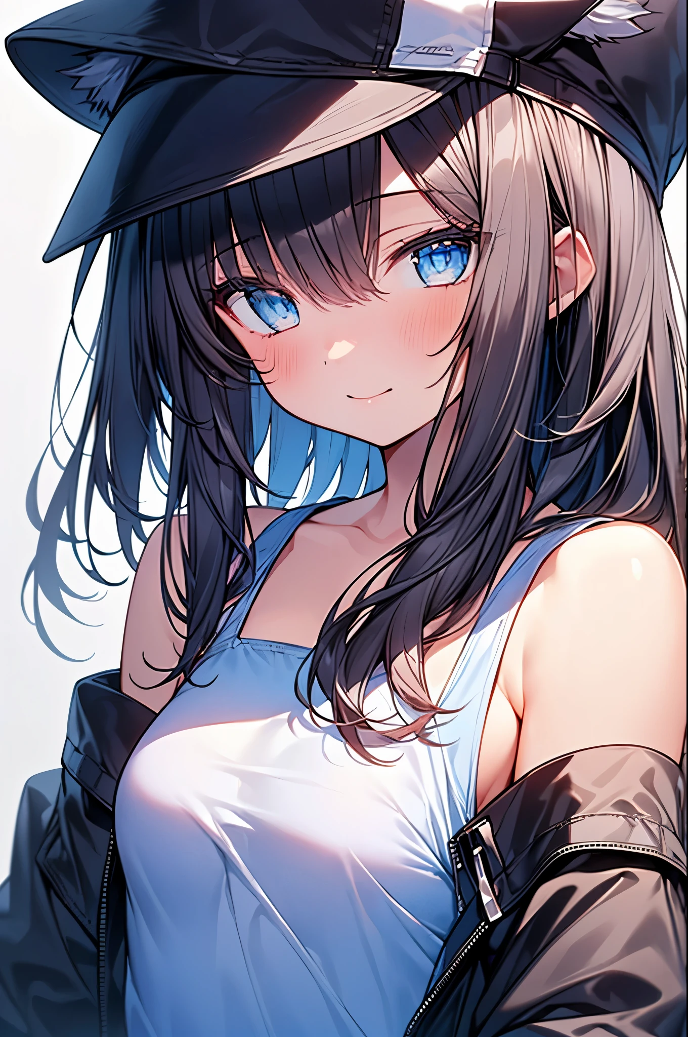 (Best Quality,8K,16k,high,masutepiece:1.4), (Ultra-detailed, ultra-detail, complexly detailed, finely detail, Hyper Detail REIT), Digital Enhancement, ultra-detailed digital anime art, ray tracing, Ultra-detailed, Perfect Pixel, pastel color, Beautiful anime girl, (upper body shot:1.4), (white background:1.4), girl, 1girl in, Single, Solo, small head, ultra-detailed face, Detailed eyes, small breasts, short hair, 銀髪, crossed bangs, slant eyes, light blue eyes, blue tank top, (coveralls), (nekomimi casquette:1.4),((no cat:1.3)), midriff peek, cute, smile,