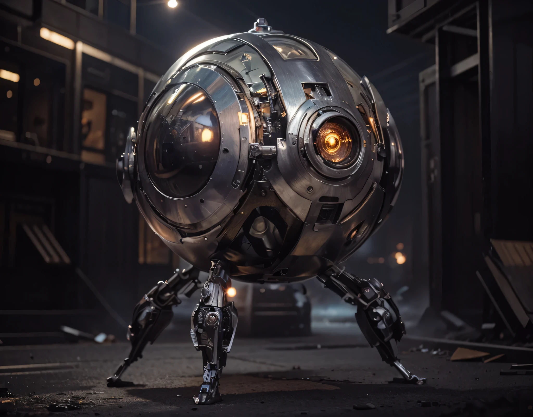 The spherical droid with small art deco style legs is metallic, Glossy metallic texture, has mechanical appendages, tiene ojos de cyborg morados, sensores con cristal violeta, antenas, The sunset is in a city completely destroyed in flames., humo y escombros , Platillos voladores en el cielo, ultra Realista, ultra detallado, Hyper Realista, 4k , ultra detallado image, Realista, muy detallado, perfect composition, hermoso, Intrincadamente detallado, incredibly detailed, 8 k artistic photography, hiper detallado, obra maestra