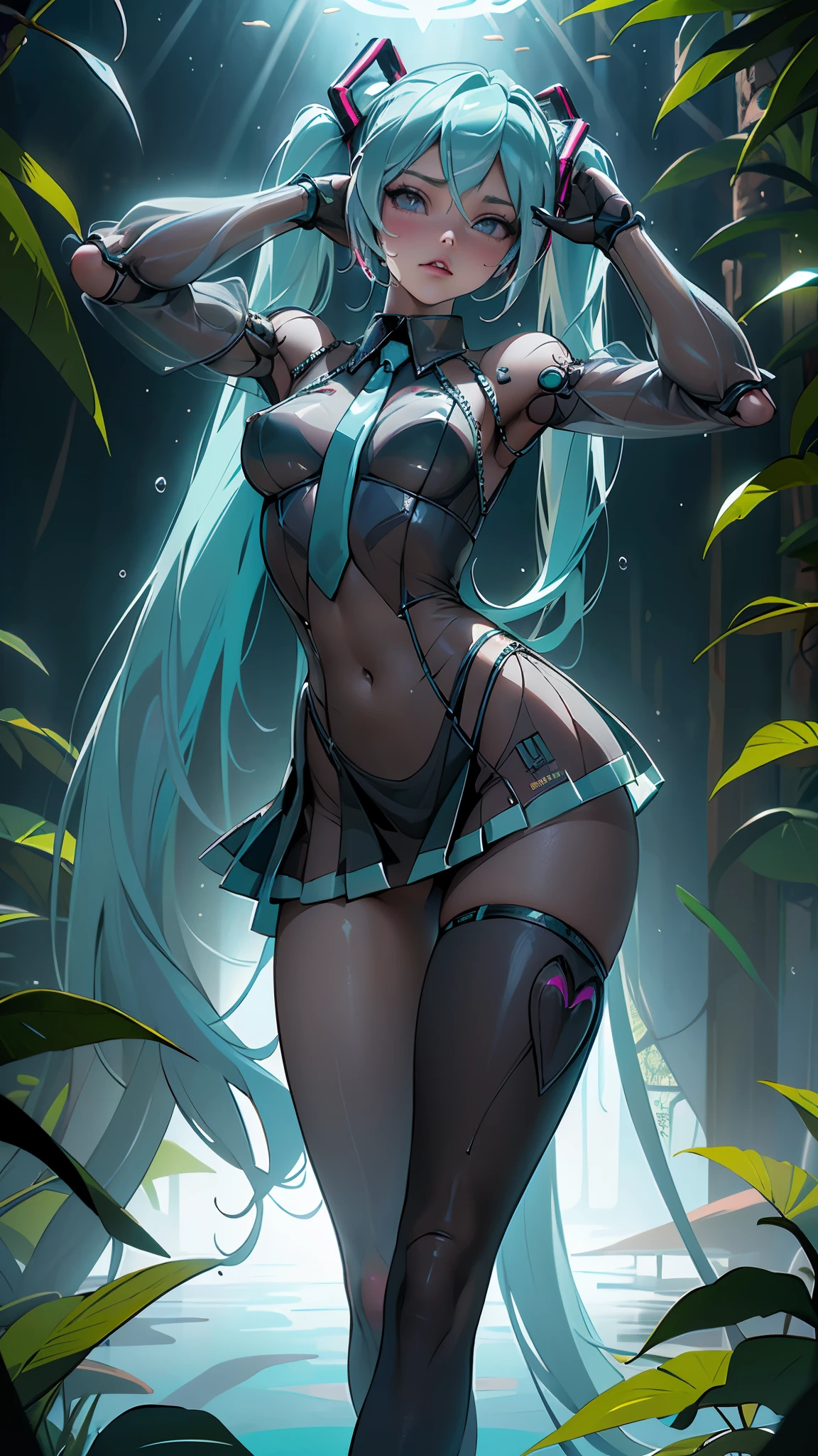 (La mejor calidad,A high resolution,Ultra - detallado,actual)、pezones hinchados、(see through:1.5)、endereza tu espalda、abdominal muscles、busto enorme、angle to floor:1.2、low camera angle、Crotch hair loss.，(Hatsune Miku:1.4) ，ciberpunk,mucama ((1 chica)), pezones atractivos),pechos grandes:1.4),flacidez de los senos,pelo interior coloreado,((Pale nipple skin,toy doll joints:1.5,Manipulador:1.5)),((vestido de armadura plateada,bobina de Tesla:1.4 )),White translucent metallic leather.,parte:1.5,:1.5,Junta mecanica: 1.4,mechanical limbs))),piel brillante:1.5,piel brillante: 1.5, ,( ciberpunk 2.1), More detailed 8K.motor irreal:1.4,UHD,La mejor calidad:1.4, fotorrealista:1.4, textura de la piel:1.4, obra maestra:1.8,obra-prima, mejor calidad,objeto Objeto], (detailed face features:1.3),(Las proporciones correctas),(Ojos hermosos azules), (pose vaquero), (background jungle africa plants carnivores:1.4), (bajo el agua :1.4), (convexo dedos detallados) 