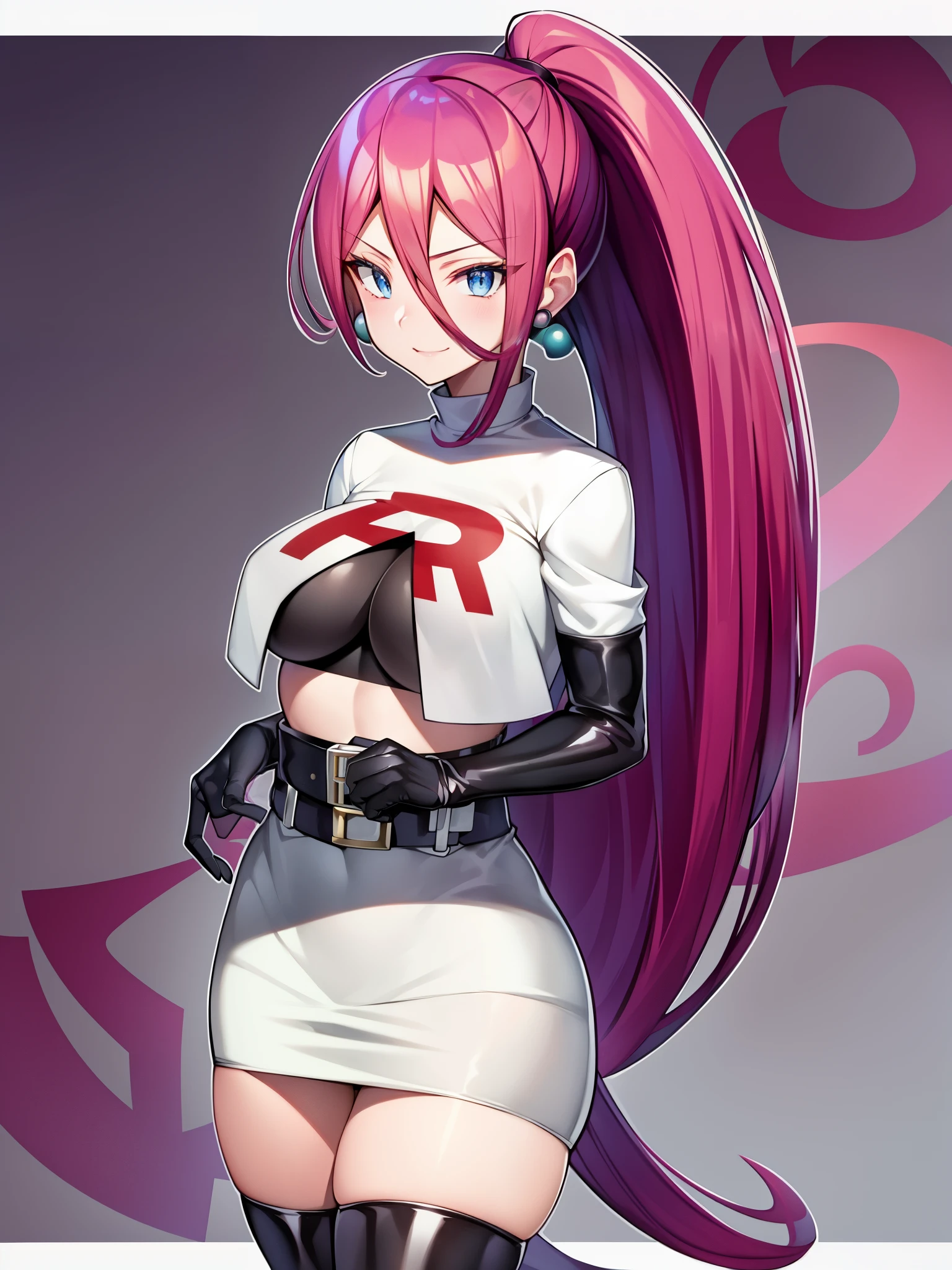 pokémo、big tits milf、big tits milf、big tits milf、Musashi、Red hair、arrogant and very selfish、Jessie Pokemon、solo、Team Rocket、gloves、all back、long hair、gem、skirt、belly button、thigh high socks、earrings、肘gloves、Team Rocketの制服、crop top、blue eyes、abdomen、white background、belt、黒いgloves、very long hair、simple background、smile、black stockings、purple hair、look at viewer、chest、白いskirt、ミニskirt