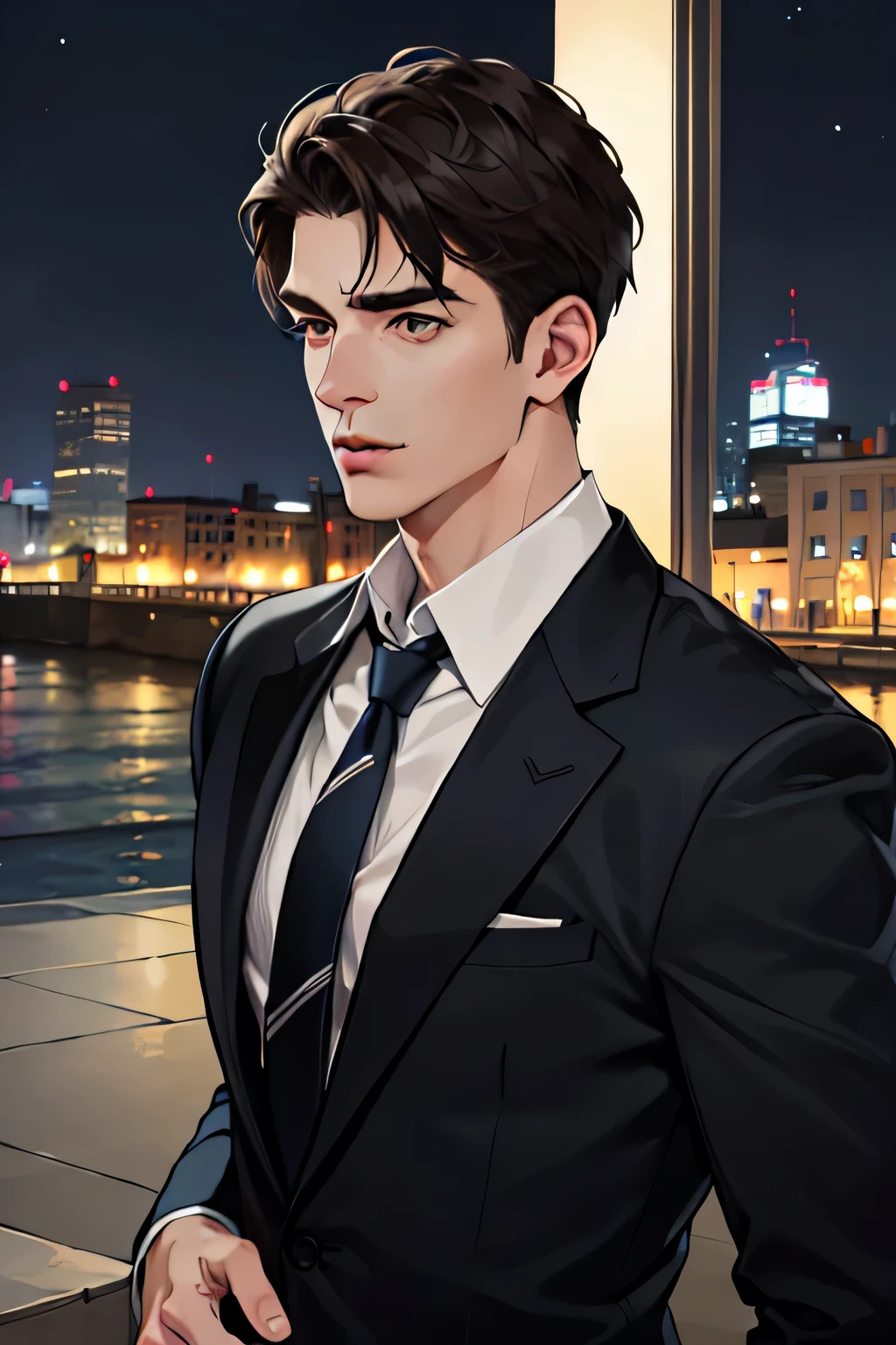 (confused, High resolution, Super detailed, realistic, ), 1 male, alone, adult, mature, tall and muscular man, broad shoulders, good looking, very short hair, black hair, brown eyes, square jaw, thick neck, thick eyebrows, night, dark, the night view of the city background, Formal suit, tie, Upper body
