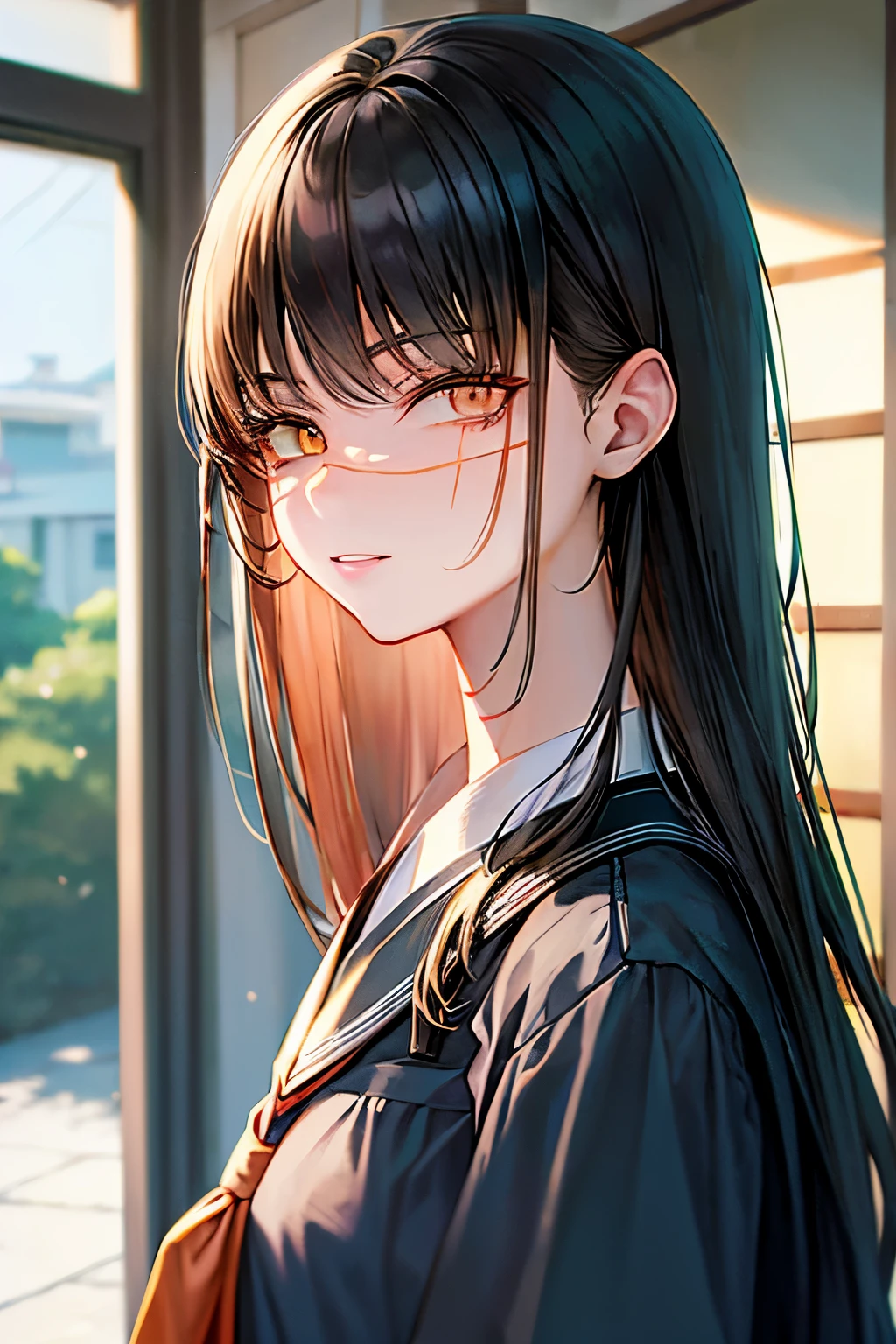 2d, masterpiece, best quality, anime, highly detailed face, highly detailed background, perfect lighting, 1girl, solo, asa mitaka, long hair, black hair, scar, scar on face, ringed eyes, yellow eyes, looking at viewer, shirt, white shirt, school uniform, japanese uniform, skirt, backpack, smile, parted lips, front focus, indoors, school background, japanese school, 