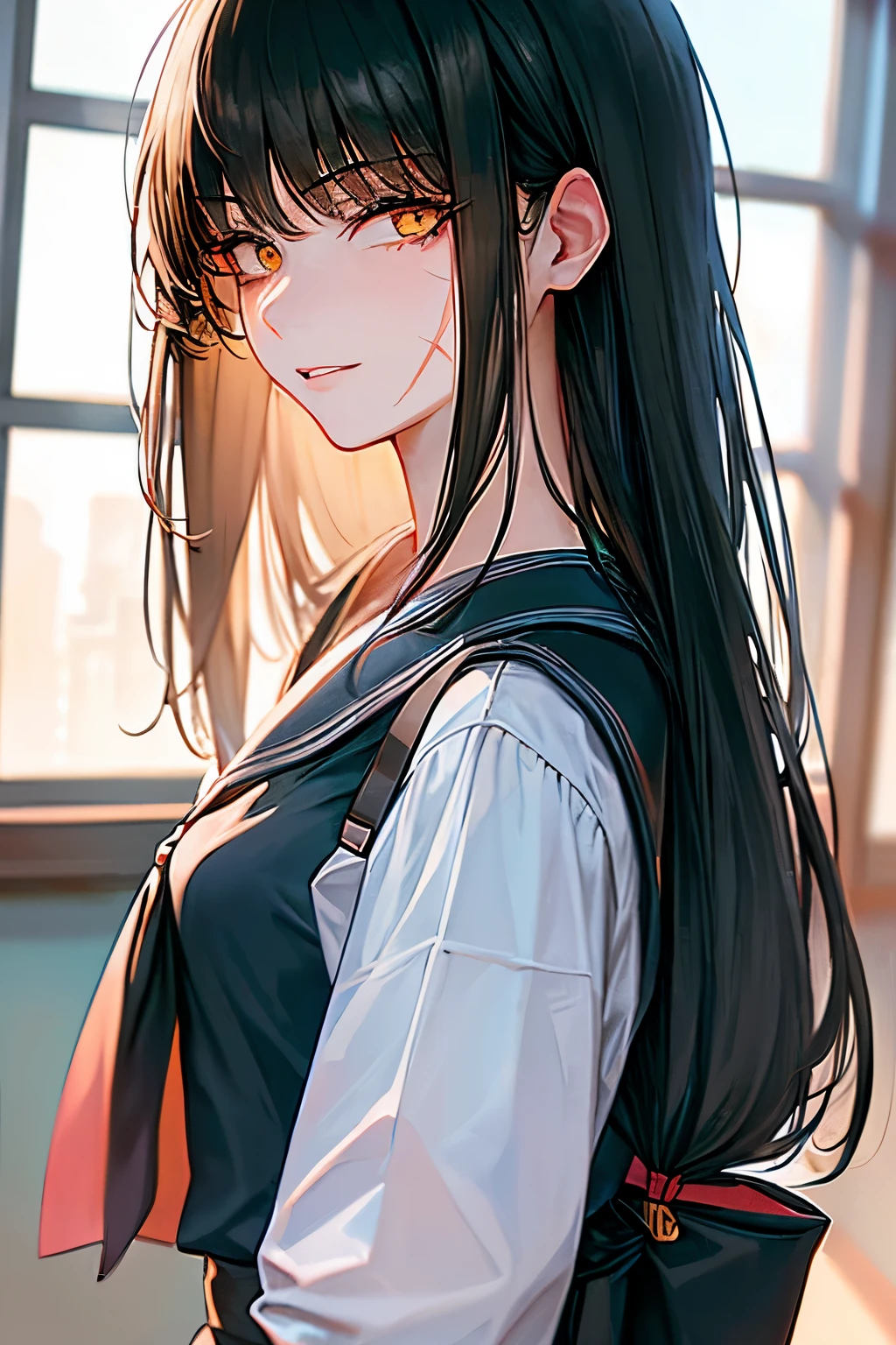 2d, masterpiece, best quality, anime, highly detailed face, highly detailed background, perfect lighting, 1girl, solo, asa mitaka, long hair, black hair, scar, scar on face, ringed eyes, yellow eyes, looking at viewer, shirt, white shirt, school uniform, japanese uniform, skirt, backpack, smile, parted lips, front focus, indoors, school background, japanese school, 