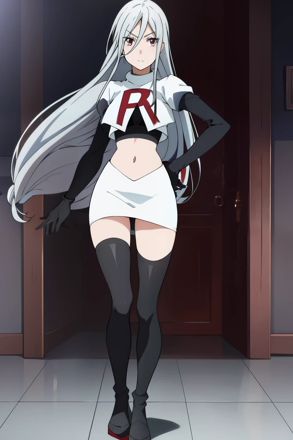 1girl, silver hair, hair between eyes, long hair, looking at viewer, silver hair, solo,leona_miyamura, team rocket,team rocket uniform,white skirt,red letter R,crop top,black thigh-highs,black elbow gloves