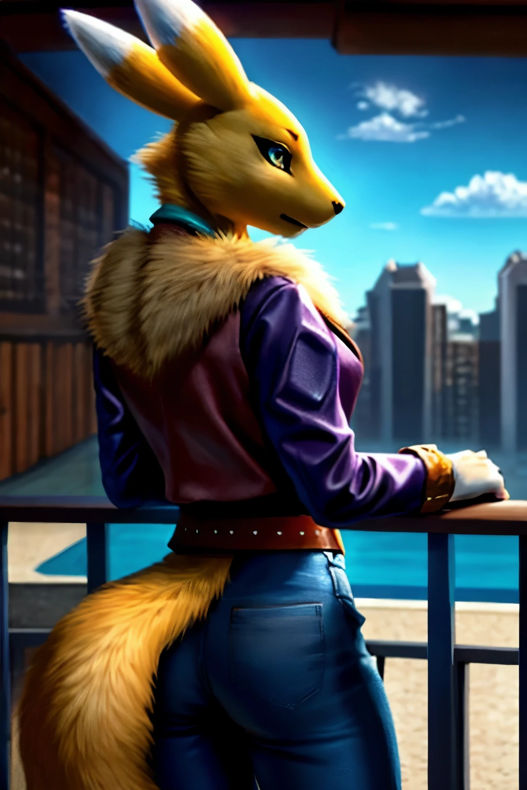 Vixen renamon wearing black jacket with black fur on shoulders,black tight gluteus shape pant,high details belt,yelan jacket style,genshin impact details style(slim,vivid sky blue eyes,breathtaking eyes) standing close to handrail in the balcony,fantasy world with celestial night sky,soft light,.masterpiece,-bad quality,oil painted,panoramic shot,aerial pov,highly details,ultra quality,4k quality, pixelsketcher art style, posted on e6ai, beautiful furry,stable diffusion,5 fingers:1.3, high quality hands,fox furry,renamon colors fur:1.3