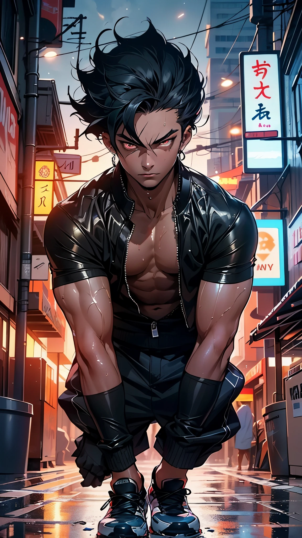 (1man:1.3),20-year-old,muscle,muscle man,(((male gender:1))),
(black hair,Wild Spike Black Saiyan hair),(((red_eyes:1.3))),intricate eyes,big pectorals,((muscle body,perfect anatomy))),(((dirty skin:1.5,lustrous skin:1.5,bright skin: 1.5,skin tanned,shiny skin,very shiny skin,shiny body,plastic glitter skin,exaggerated shiny skin,illuminated skin,wet legs))),(detailed body,toned athletic body),(detailed face)
serious and thoughtful man,(nsfw),
dirt smeared face,(((bare back and chest))),((wet clothes,dirty clothes,torn clothes)),
(dynamic pose:1.0),solo focus,(angry),(centered,scale to fit dimensions,Rule of thirds),
cyberpunk city by the ocean at night, with bright neon signs and dark stormy clouds and puddles, scenery:1.25,nighttime, starry night, cosmos,Very dark night that makes the neon lights stand out, very bright neon lights,nighttime, starry night, cosmos,
artistic photography,(photography taken by sldr),highres, sharp focus,(ultra detailed, extremely detailed), (photorealistic artwork:1.37),(extremely detailed CG unity 8k wallpaper),((synthwave background theme)),(((vibrant colors))),intricate,(intricate background),(masterpiece),(best quality),photo realistic,analog style,((intricate detail)),(((realism))),