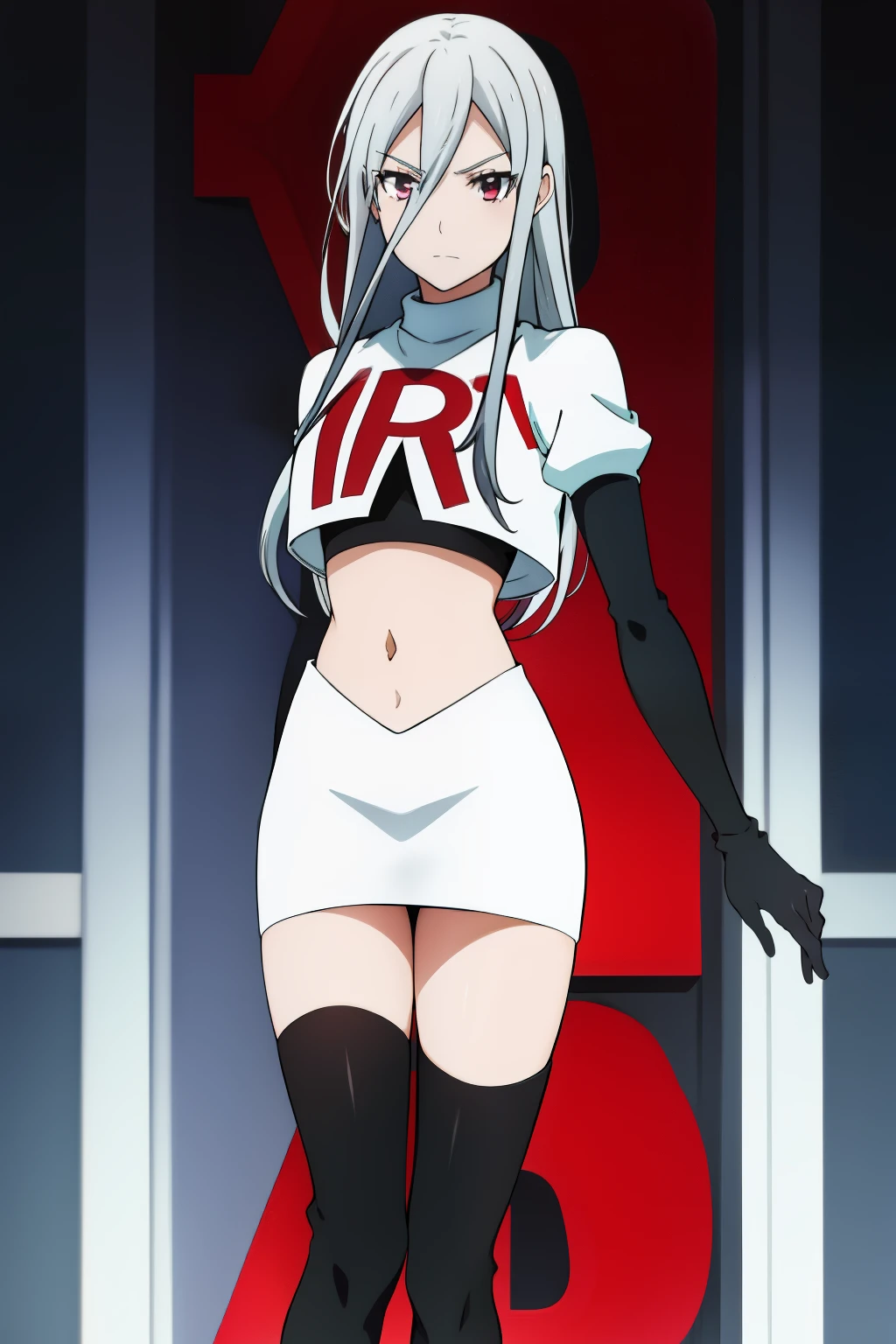 1girl, silver hair, hair between eyes, long hair, looking at viewer, silver hair, solo,leona_miyamura, team rocket,team rocket uniform,white skirt,red letter R,crop top,black thigh-highs,black elbow gloves