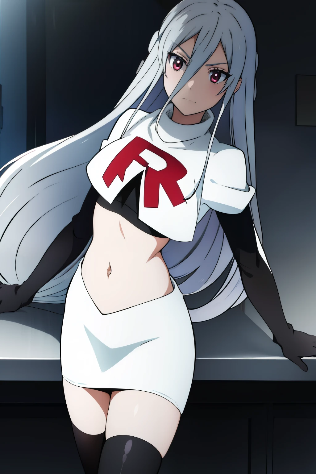 1girl, silver hair, hair between eyes, long hair, looking at viewer, silver hair, solo,leona_miyamura, team rocket,team rocket uniform,white skirt,red letter R,crop top,black thigh-highs,black elbow gloves