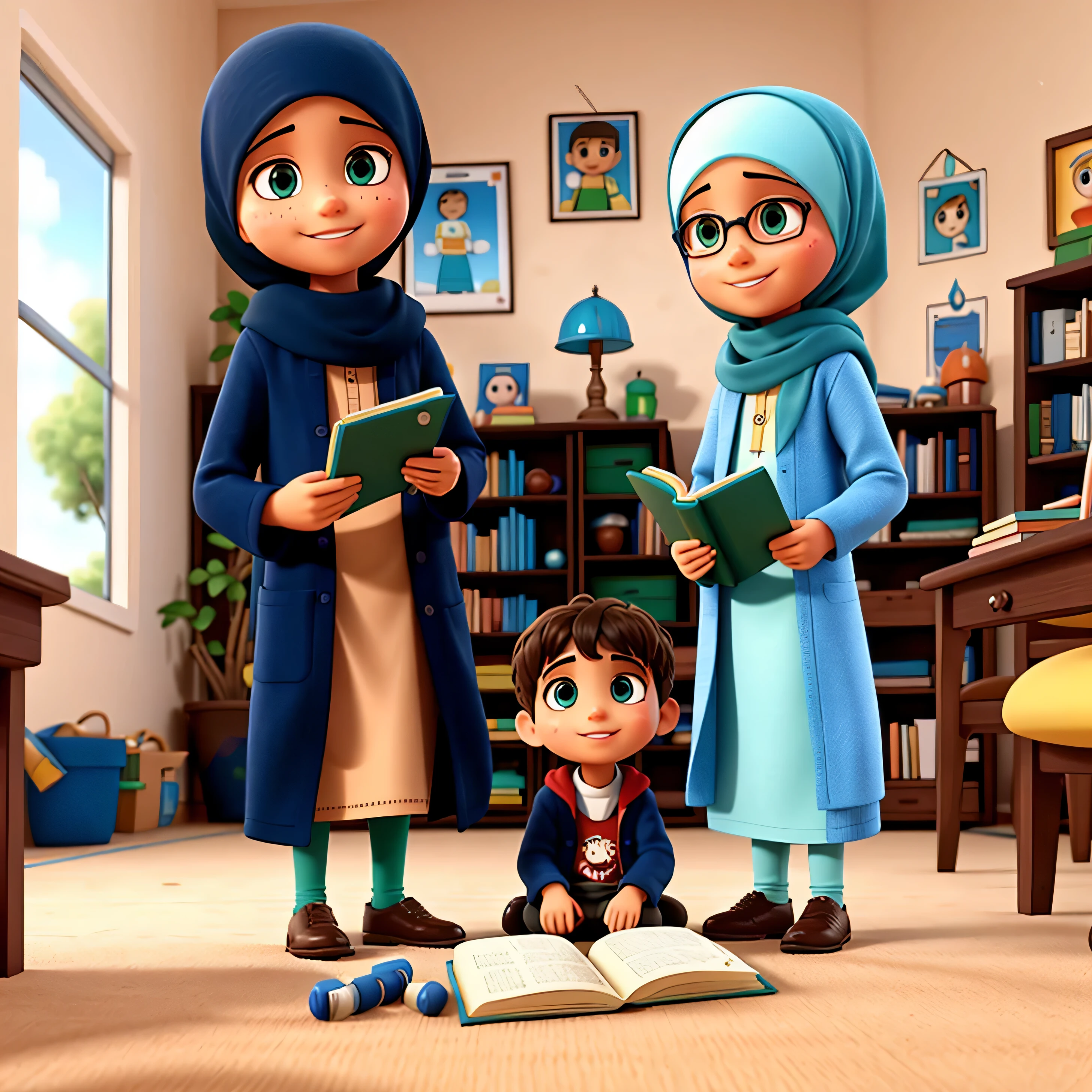 multiethnic muslim kids reading, chatting, talking, cartoon
