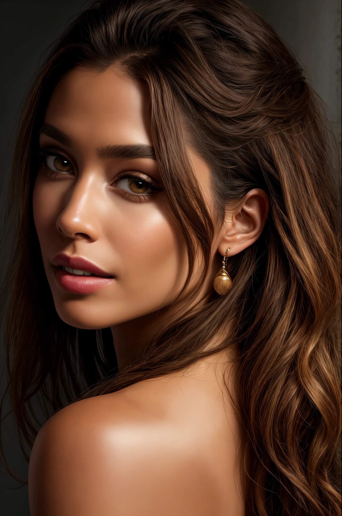 best quality, ultra high res, (photorealistic:1.4), masterpiece, 1girl, brown skin color, brown_eyes, from_behind, fur_trim, hair_over_one_eye, lips, long_hair, make up, looking_at_viewer, looking_back, nose, photo_\(medium\), photorealistic, realistic, solo, teeth, upper_body