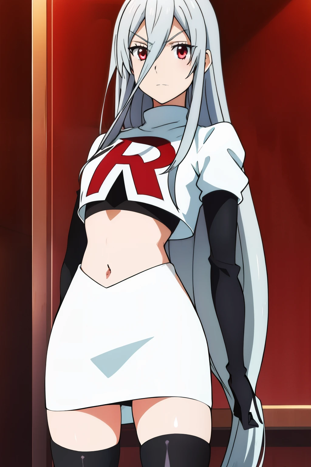 1girl, silver hair, hair between eyes, long hair, looking at viewer, silver hair, solo,leona_miyamura, team rocket,team rocket uniform,white skirt,red letter R,crop top,black thigh-highs,black elbow gloves